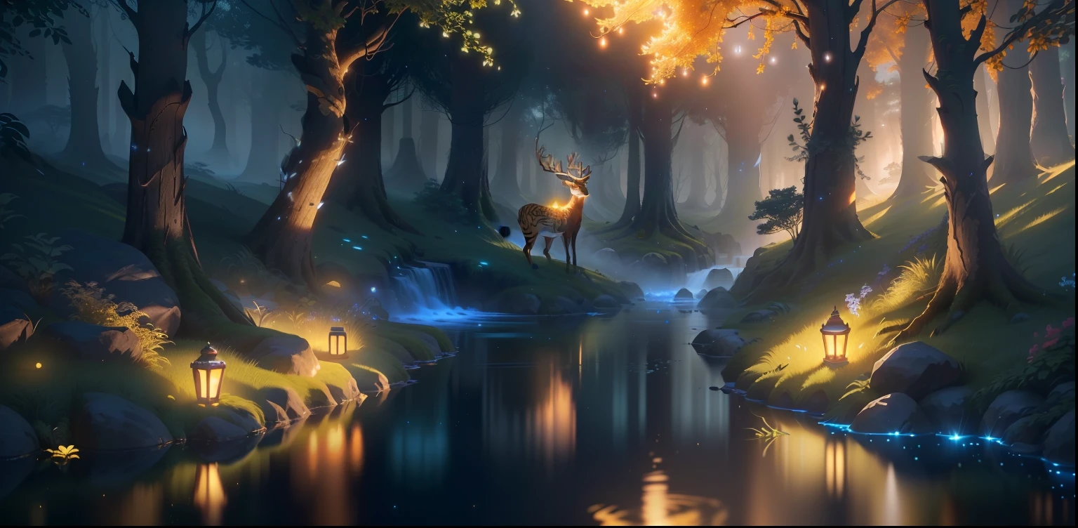 Masterpiece, best quality, (very detailed CG unified 8k wallpaper), (best quality), (best illustration), (best shadow), glowing elf with a glowing deer, drinking water in the pool, natural elements in forest theme. Mysterious forest, beautiful forest, nature, surrounded by flowers, delicate leaves and branches surrounded by fireflies (natural elements), (jungle theme), (leaves), (branches), (fireflies), (particle effects) and other 3D, Octane rendering, ray tracing, super detailed , deer and tiger