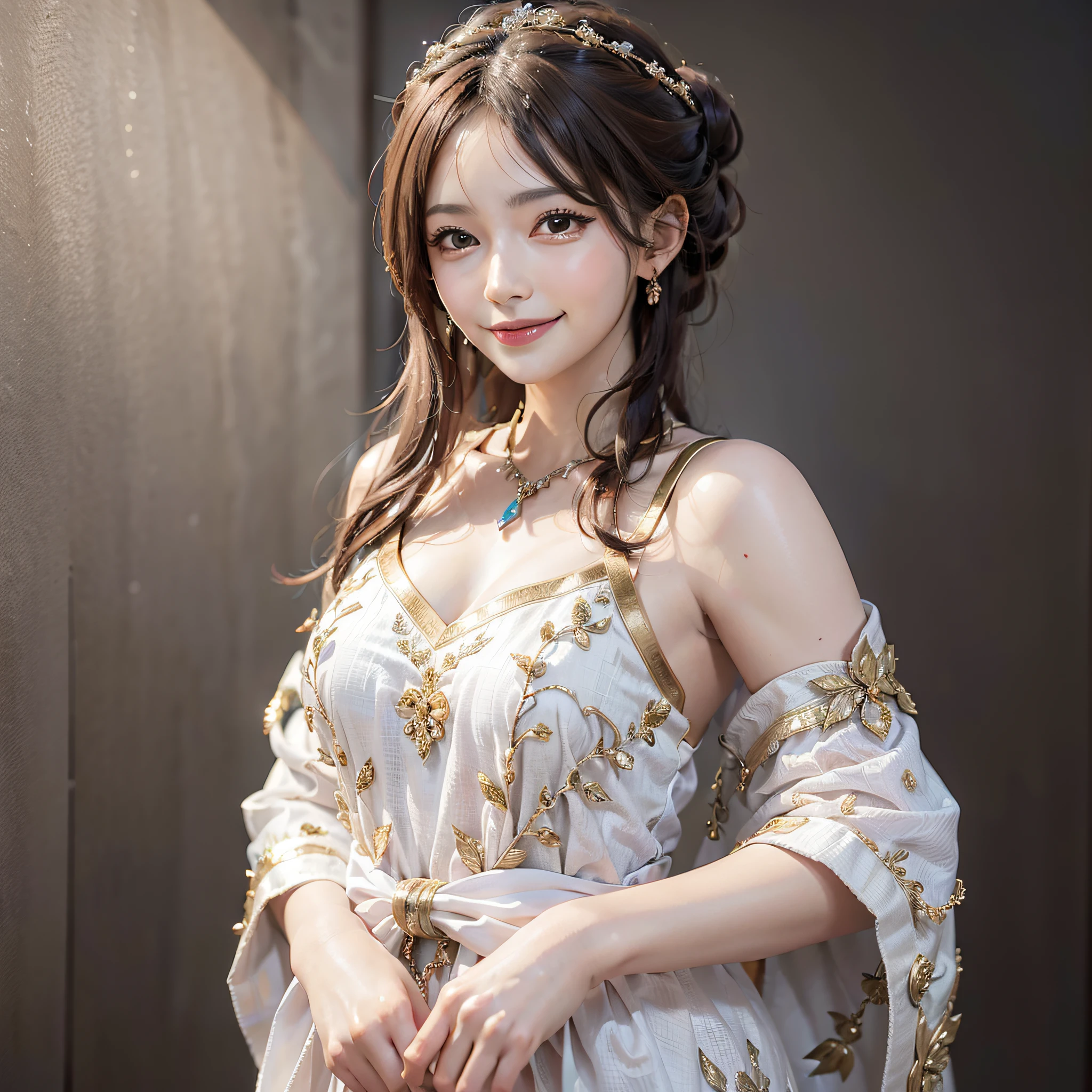 mature girl light smiling in a delicate traditional dress,(8k, extremely detailed, flawless world, highest quality)