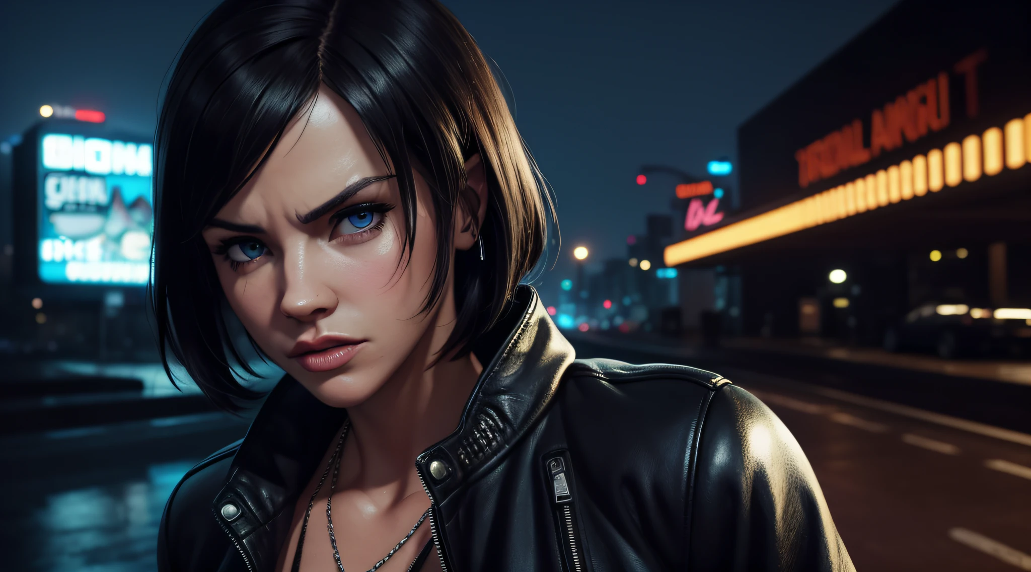 ((gta v style)), ((gta v wallpaper style)), ((gta v artwork)), realistic, photorealistic, cinematic, cinematic lights, dark colors, volumetric lights, reflections, dramatic, ultra detailed, modern, ((masterpiece)), beautiful, sexy woman, solo, blue eyes, short hair, black hair chanel, hair in the wind, light age marks, slim body fitness, angry face, whole body, leather jacket, hood, giant city, Tall buildings, neons, raining, drops, thunder, night, moon in the sky, saturated, close-up on face, background stuffed.