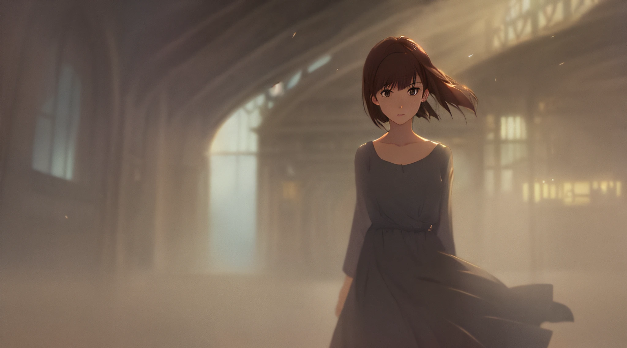 Detailed and perfect anime style illustration, brown short hair, very cute young woman, female focus, solo, wearing a gray long dress. Daydream, dramatic and fantastic foggy mysterious background, background blurred, dramatic lighting Makoto Shinkai
