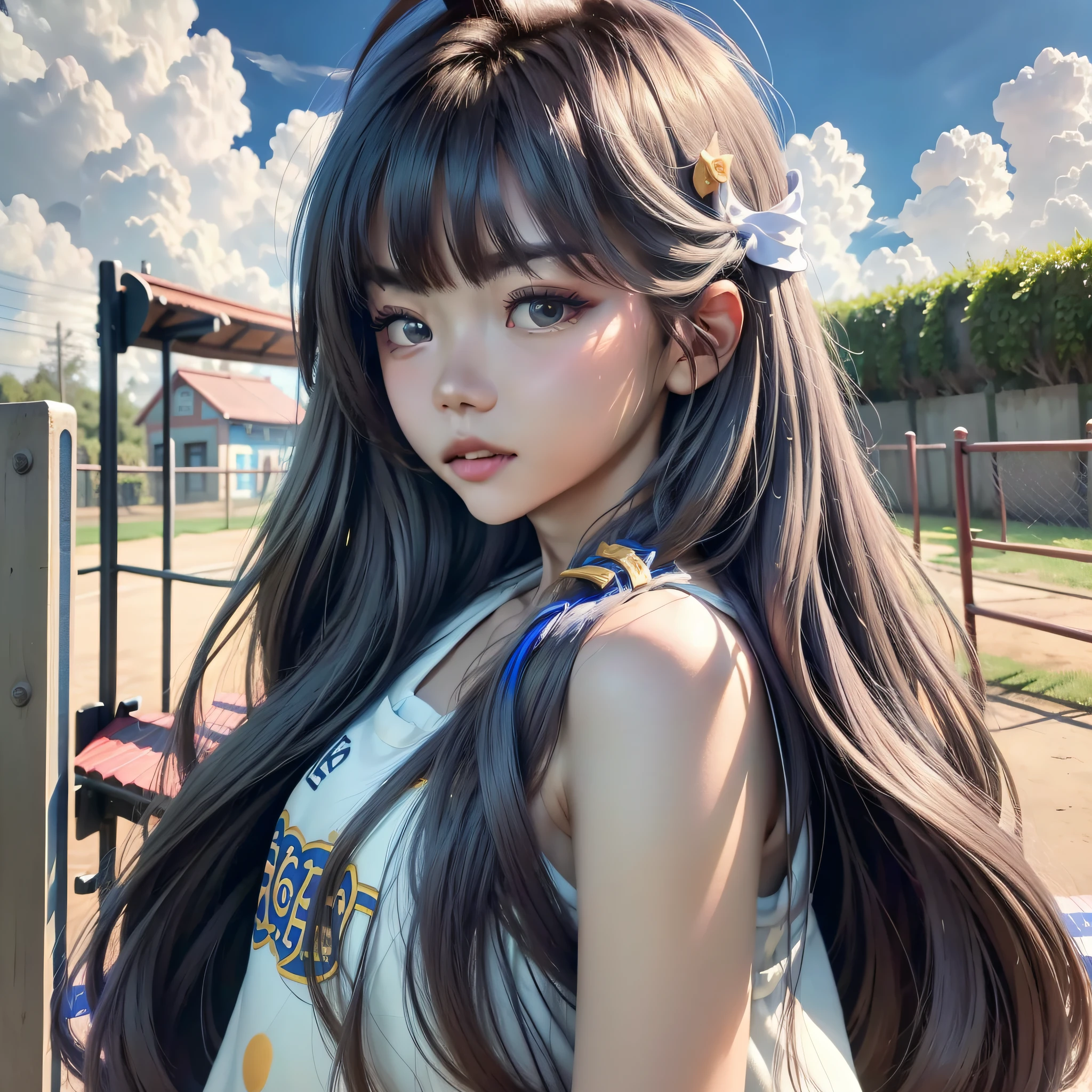 A girl, playground, blue sky and white clouds, textured skin, white complexion, long hair, clear hair, backlight