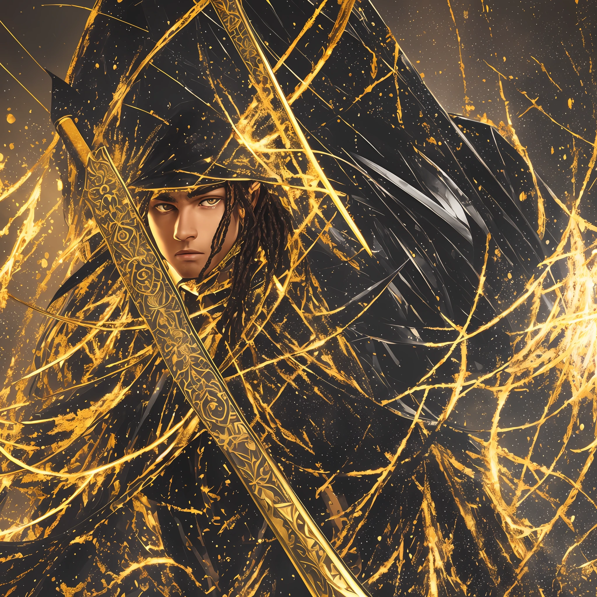 (8k, RAW photo, best quality, masterpiece: 1.2), (realistic, photo-realistic: 1.37), 1boy, cityscape, night, rainy weather, professional lighting, photon mapping, radiosity, (Black, tall young adult), (black braid dreads hair), (wet black shirt), (bright golden eyes), (holding a black scythe with golden glow on the blade), 1panther on the side --auto --s2