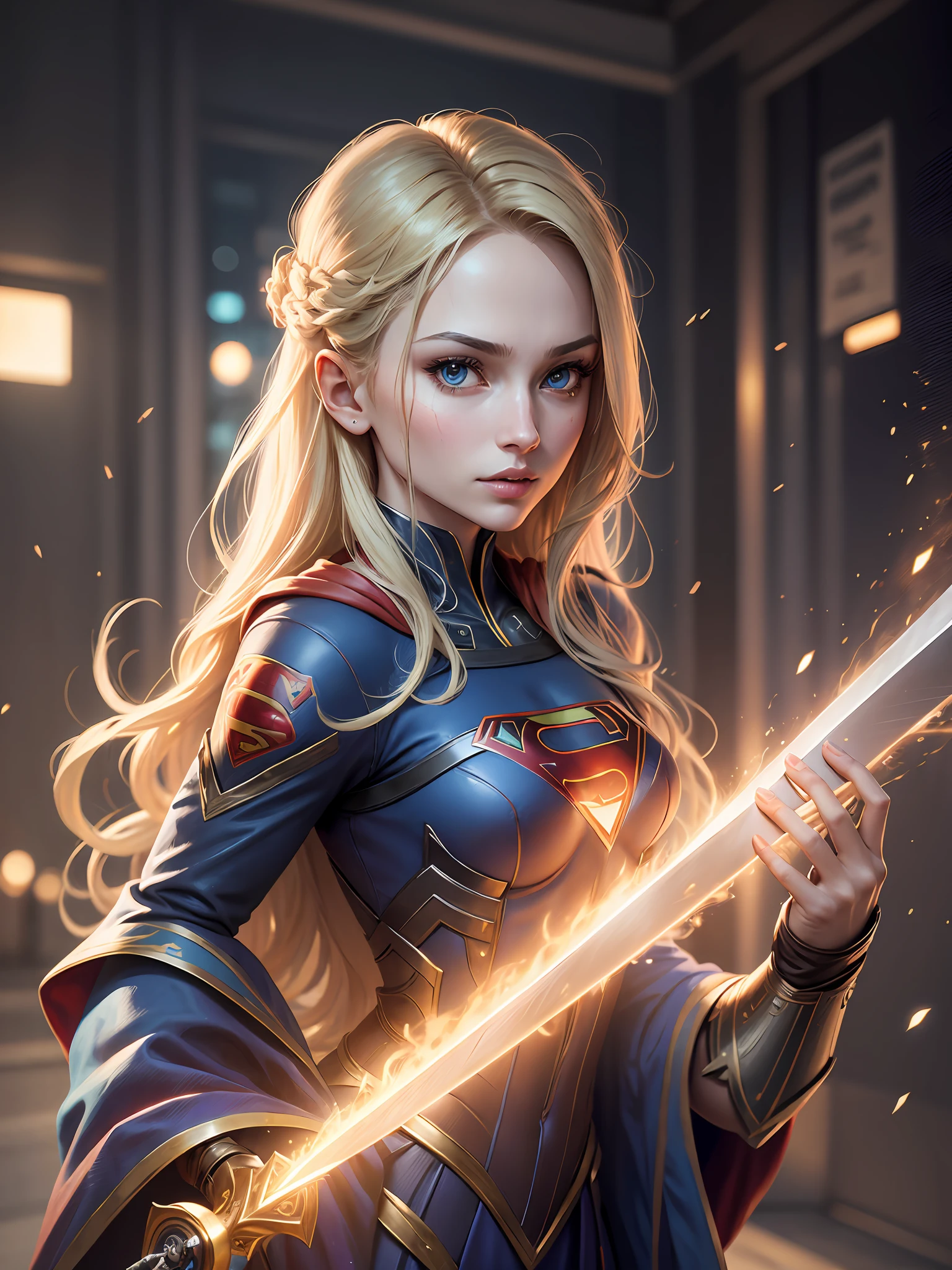supergirl, best quality, movie, official art, sand, nature advertising art, movie wallpaper, very detailed cg uniform,4k wallpaper, intricate details, white background, upper body, facial focus, full body, full,sexy,concept art, making art, high resolution, (realistic, realistic: 1.2), physically based rendering, mechanics, reflections, realism, cyberpunk, symmetry, front view, close up, avatar ,eyes ,symmetry ,face, very sharp ,realistic ,focus , Grant Mask Painting, Movie Light, Wick, (Illustration: 1.1), Thin, Fair Skin, Delicate Face, King's Robe, Glow, Pantyhose, (Long Blonde Hair), Blue Eyes, Ultra Southern Symbol Chest S, Battlefield, Chip, Glow, Sword