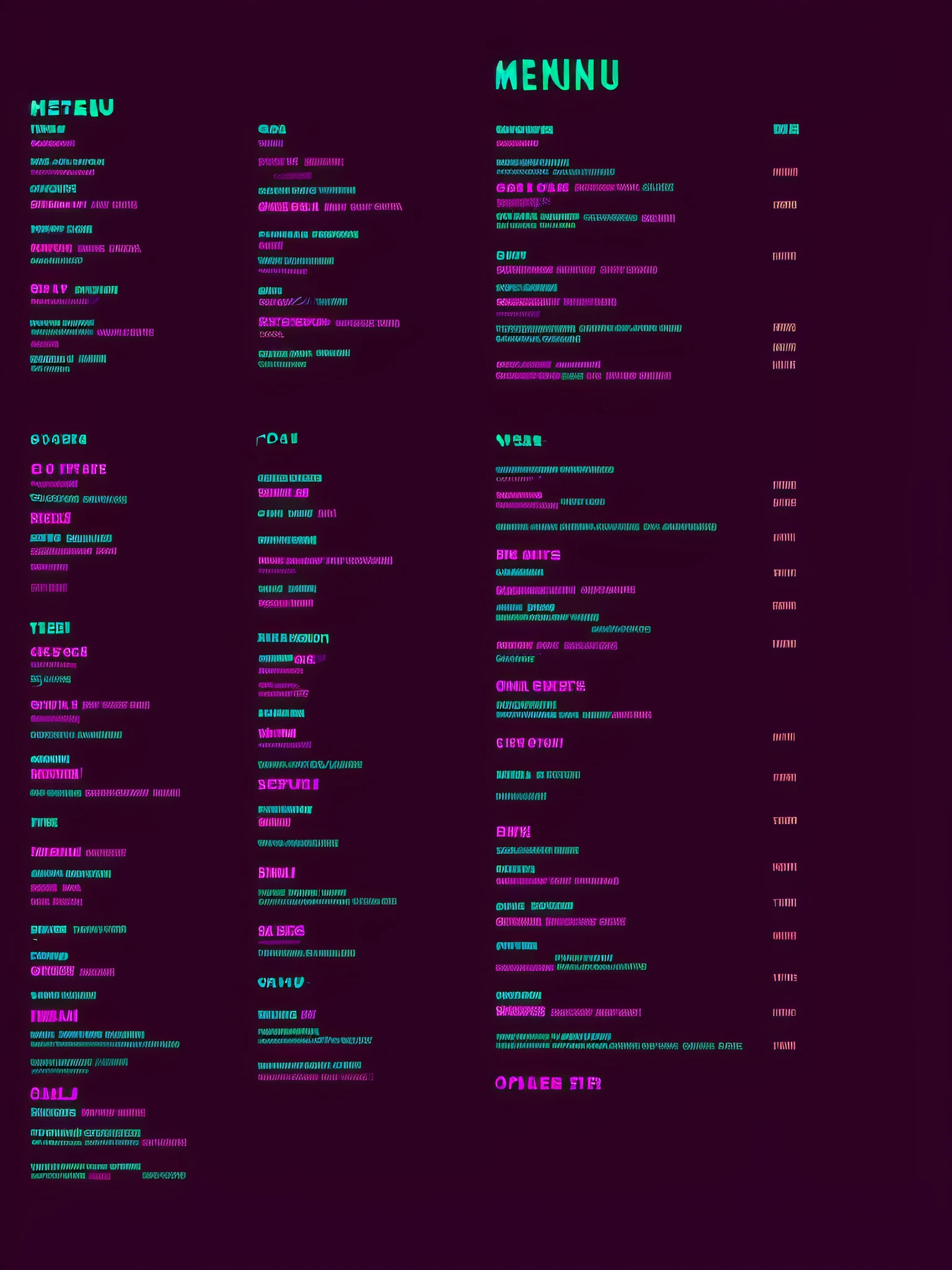 A menu of a restaurant in the style of LazrPopAI, with 5 minimalist dishes, using the colors green and purple