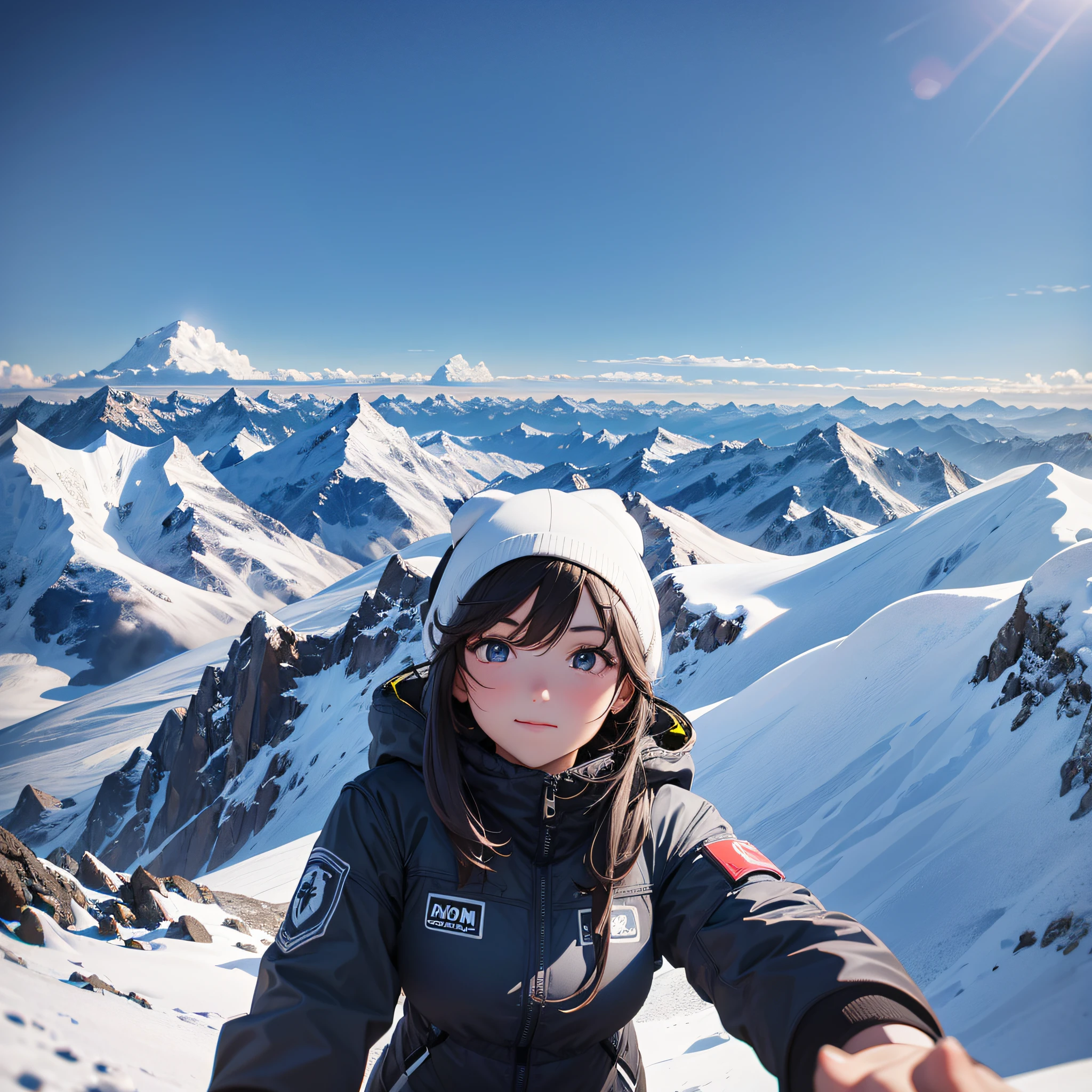 1girl, selfie on top of Mount Everest, curvature of the earth in the background, beautiful landscape, detailed, extremely detailed, sharp image, high quality, 4k --auto --s2