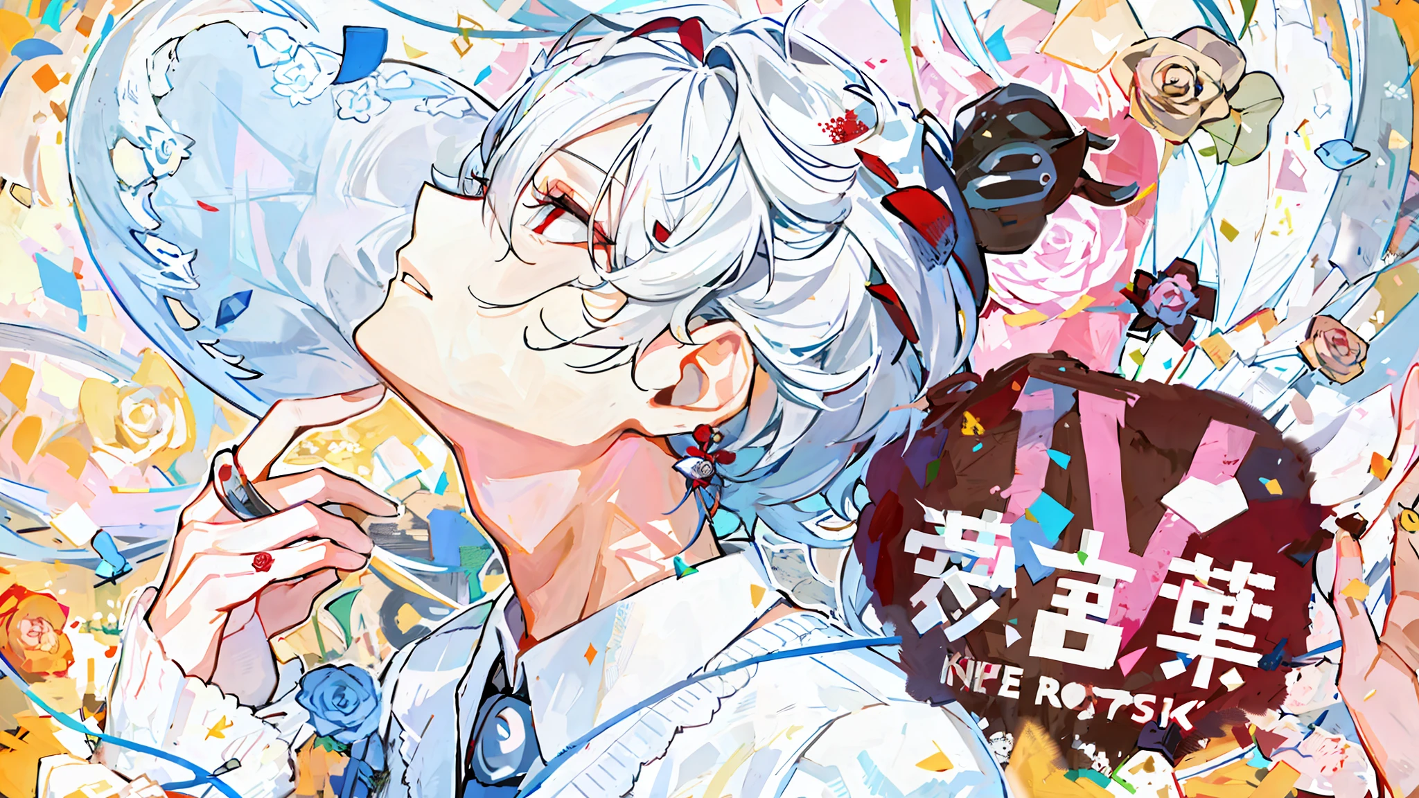 white hair with red rose