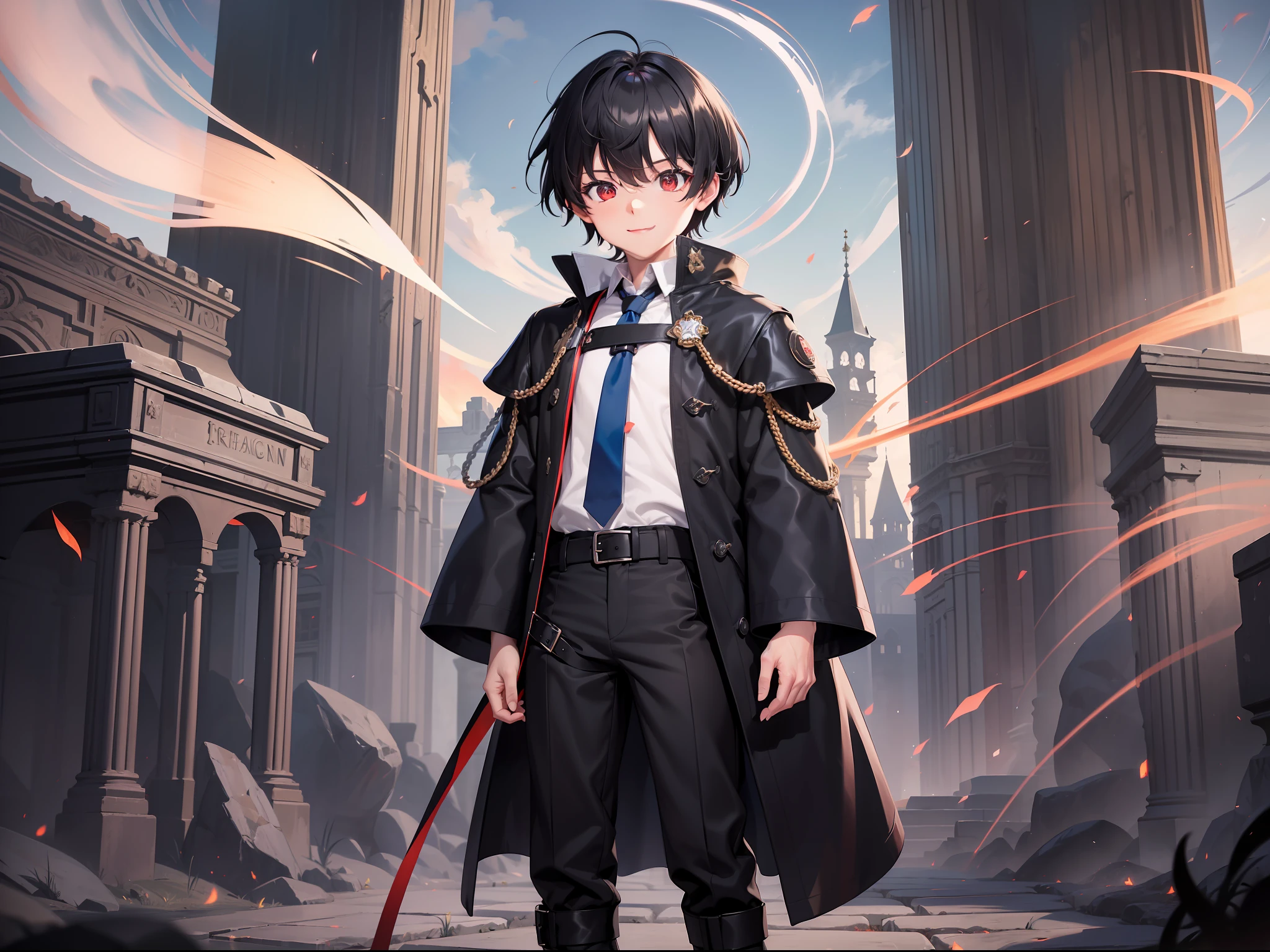 (Ridiculous, High Resolution), (Panorama), Little Boy, Red Eyes, Short Hair, Black Hair, Smile, White Underwear, Black Trench Coat, Black Long Pants, Black Boots, (White Magic Streamer for Hands), Ancient Magic, Elegance, Medieval Style, Square, Magic Bloom, (Blue Magic Array Under Feet), Daytime, Antique, Aura