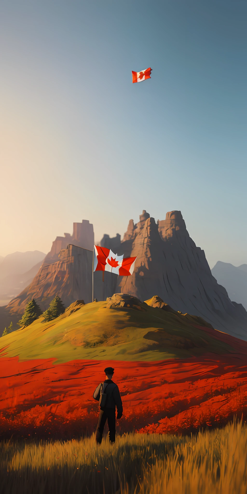 Grassy field with a man on a hill with a flag of Canada beautiful rendering of a landscape, old CGI 3 d rendered Bryce 3 D, rendered in blender, rendered in lumion, rendered with blender, Canada, rendered in octane render, rendered 3d stylized, rendered in cinema 4 d, rendered in cinema4d, jessica rossier fantasy art