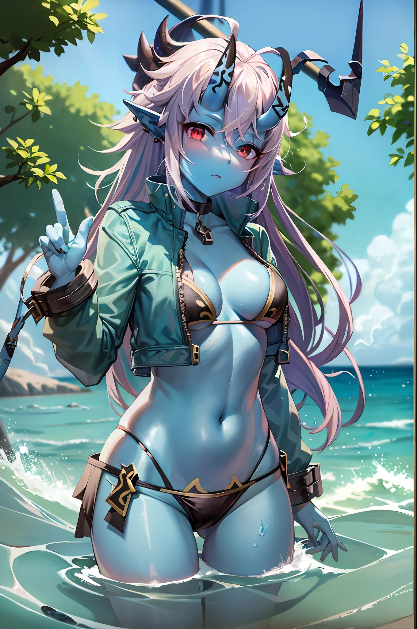 masterpiece, best quality,  1girl,blue skin,horns,,bikini,day,outdoors, ocean,