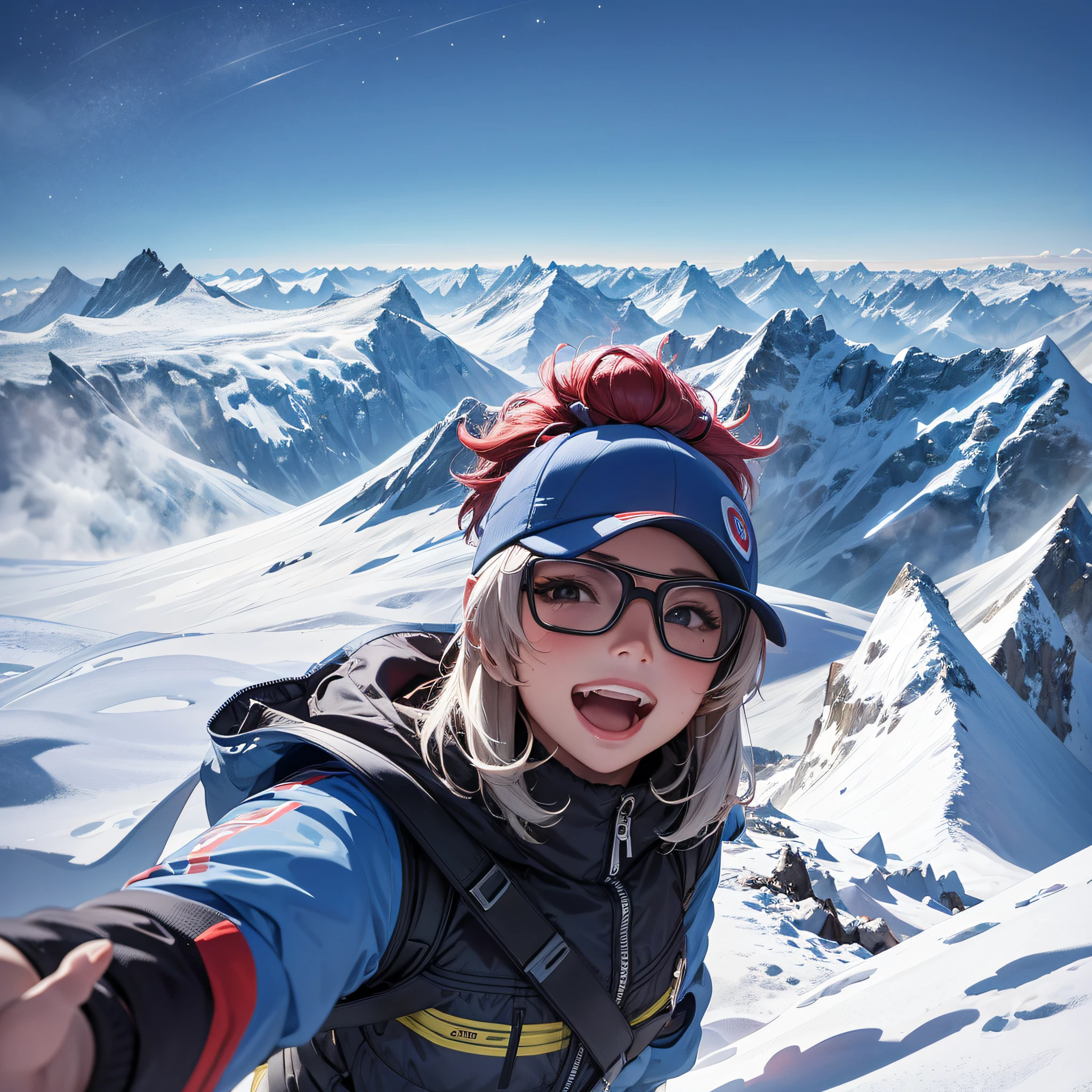 1girl, selfie on top of Mount Everest, curvature of the earth in the background, beautiful landscape, detailed, extremely detailed, sharp image, high quality, 4k --auto --s2