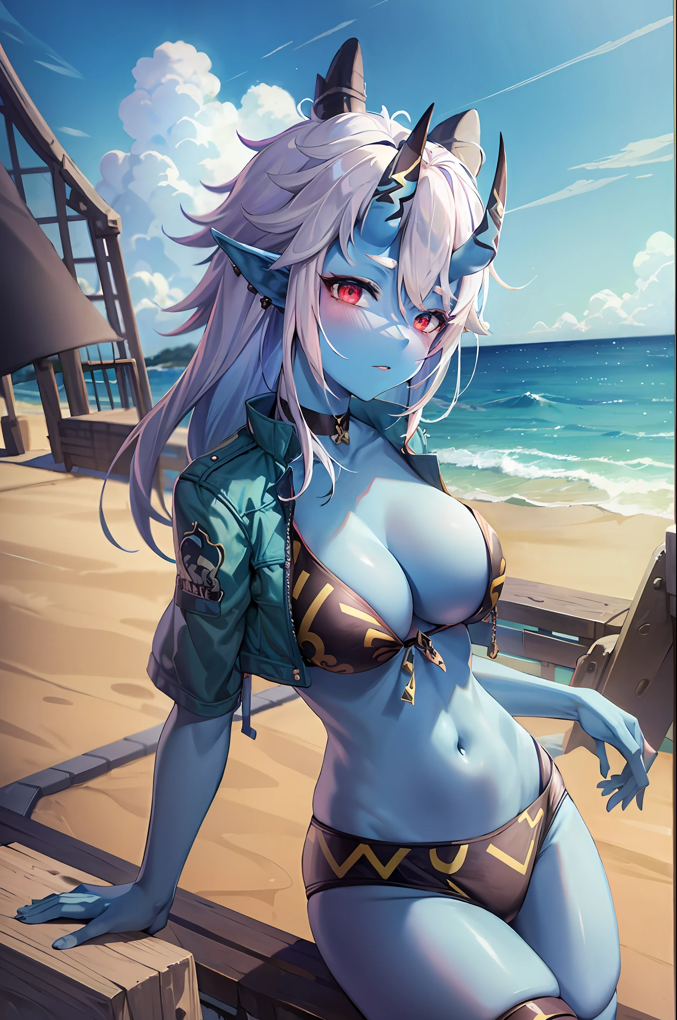 masterpiece, best quality,  1girl,blue skin,horns,,bikini,day,outdoors, ocean,