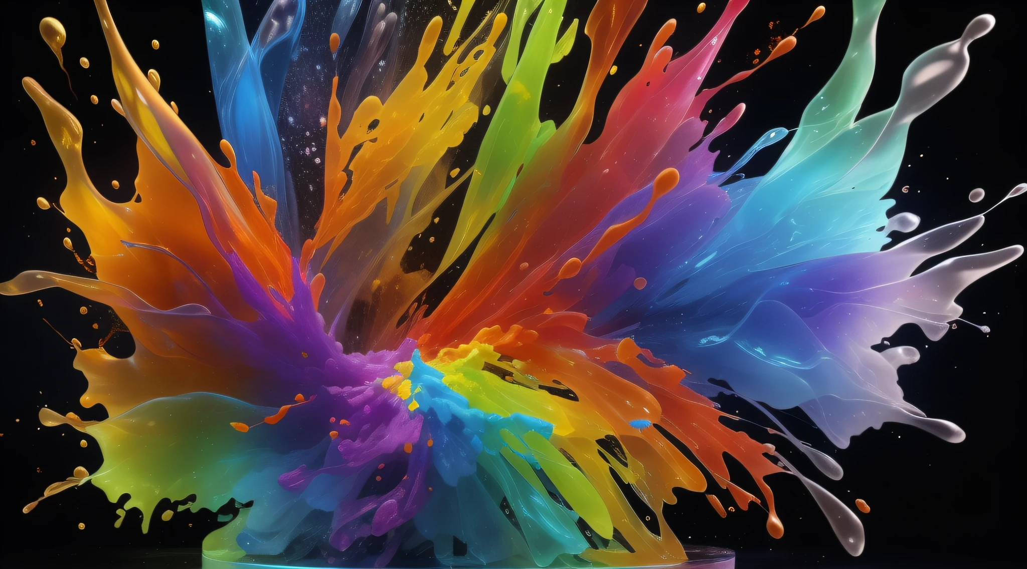 (translucent glass material), colored paint explodes in all directions, has a 3D effect, explodes from the center point, facing directly forward, splashes a little paint, splashes, pure black background
