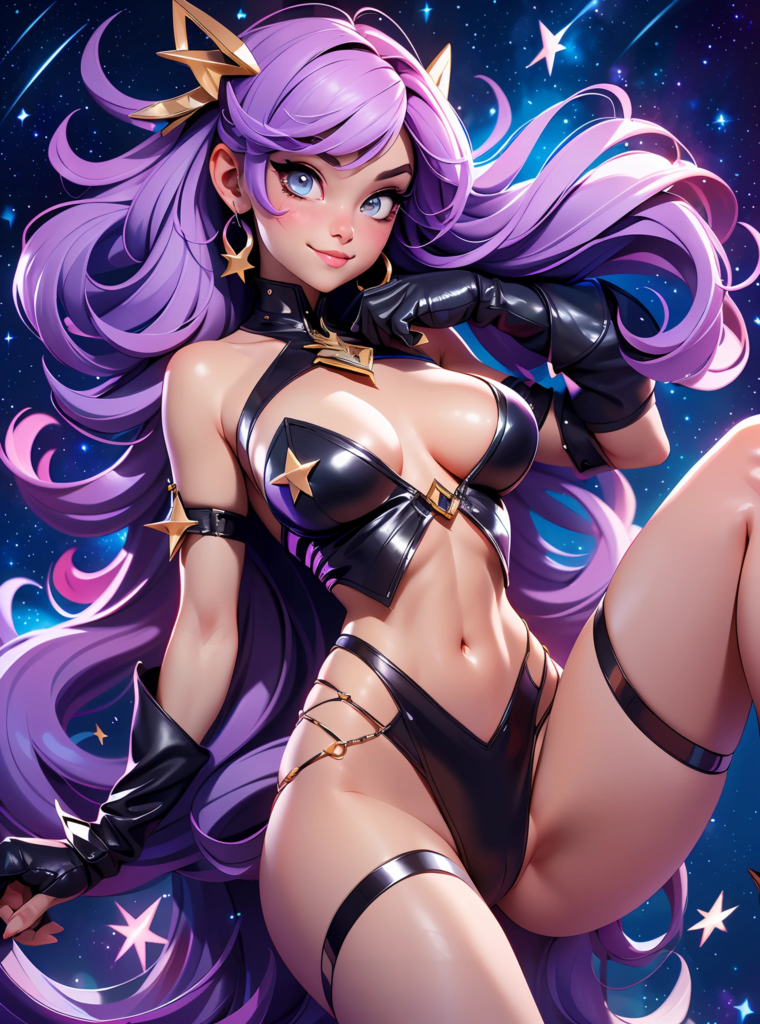 ((Best Quality)), ((Masterpiece)), ((Realistic)) and watercolor drawing of a girl with goth colors. She has ((starlight hair)), wears a (micro-bikini:star motif ) (bare navel) , ((beautiful and aesthetic)), muscular fit body abs, sexy, under-boobs, hot, (star filled sky background) (clear background:1.35), (particles ,firefly, blue glowing):1.3,  perspective, curved thighs,  embarrassed smile, (tail), totally blushed, looking at the viewer,  spread legs