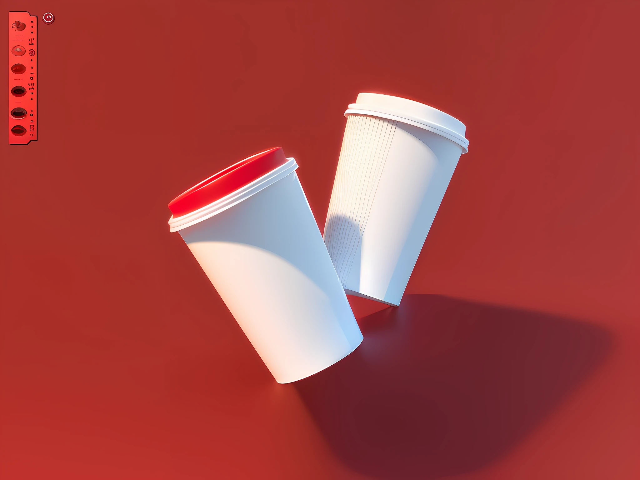 Red surface with two cups of coffee, Chinese New Year elements, 3D dragon with phoenix in cup body, background increasing clouds, coffee spilling out, coffee cup, two cups of coffee, red realistic 3D rendering