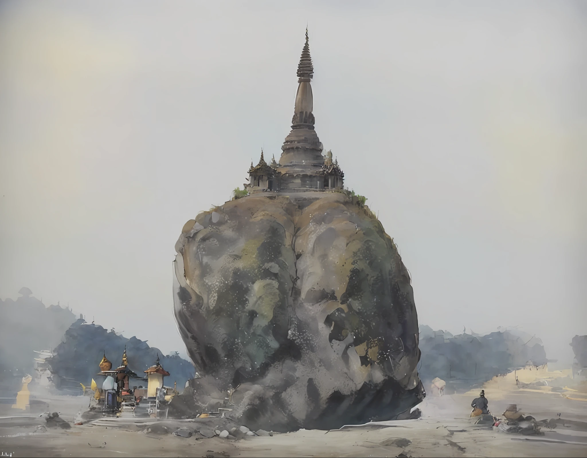 there are people sitting on the rocks near a kyaikhtiyo pagoda,the pagoda is fill with golden colour ,21 century, , buddhist, 2022 photo, thailand, ancient”, , temple in the background, buzzed hair on temple, 2023 photography, 21st-century, new color photo, myanmar --auto --s2