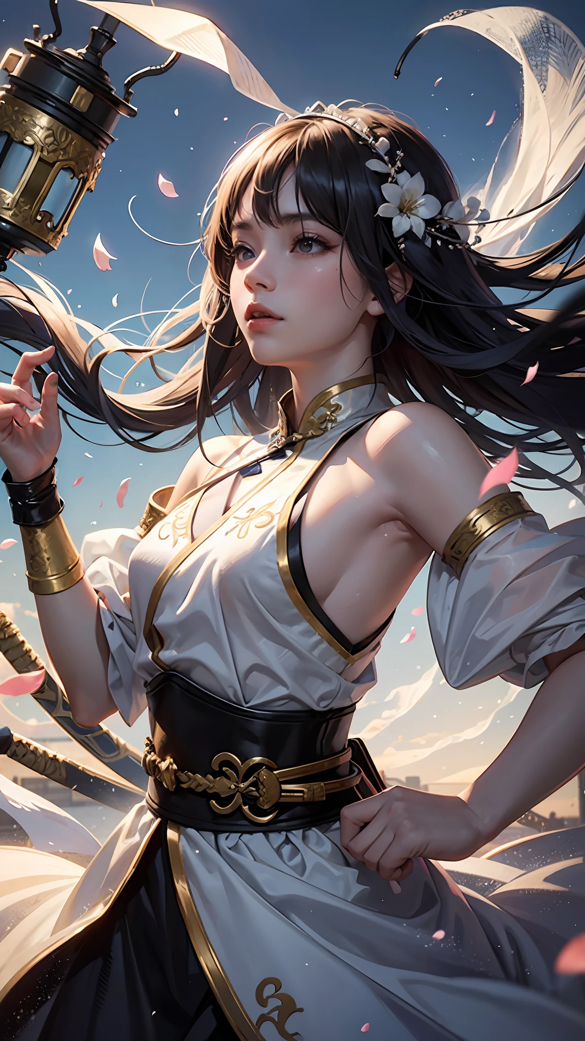 Snow , petals flying in the air , a girl fighting with asword , she defends herself with a sword , in thecenter of the temple , panorama , movie light , a ar old nese beautiful girl in Hanfu , girl swordfighting martial arts style , Chinese fairy taleoackground is colorful points of light , highlydetailed , dynamic , cinematic , stunning , realisticighting and shadows , dramatic , stunning , 35mmshot, realistic --auto --s2