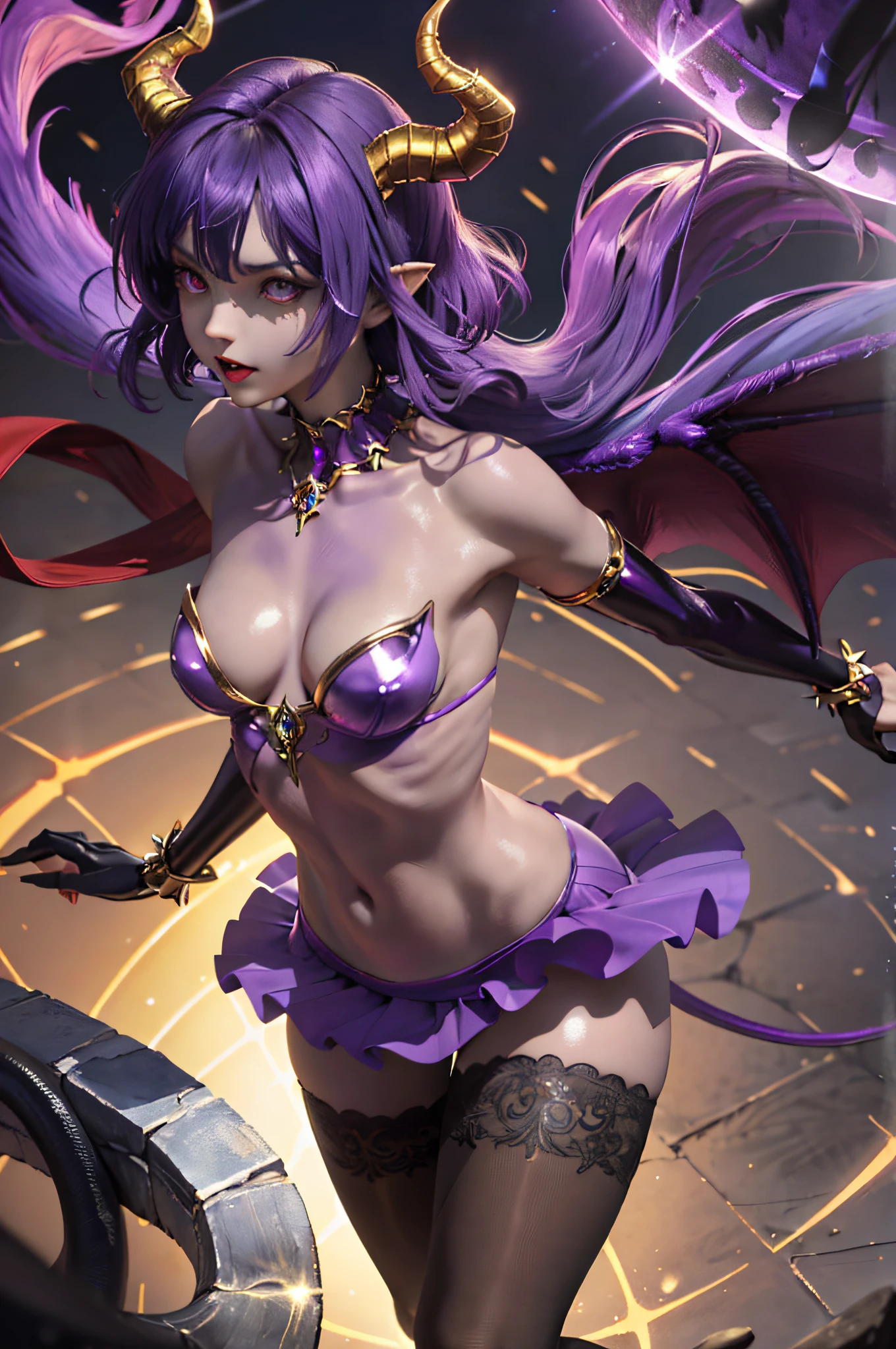 (masterpiece: 1.2, best quality), (1 , solo), huge breasts, (Dynamic posture), (shiny skin, purple skin), demon girl, thin and lacy gloves, ( small demonic horns:1.1), (Lilith \(Darkstalkers\)), (heaven), fringe, (jewelry, golden ornament:1.15 ), large pelvis, blue (pantyhose:1.1)