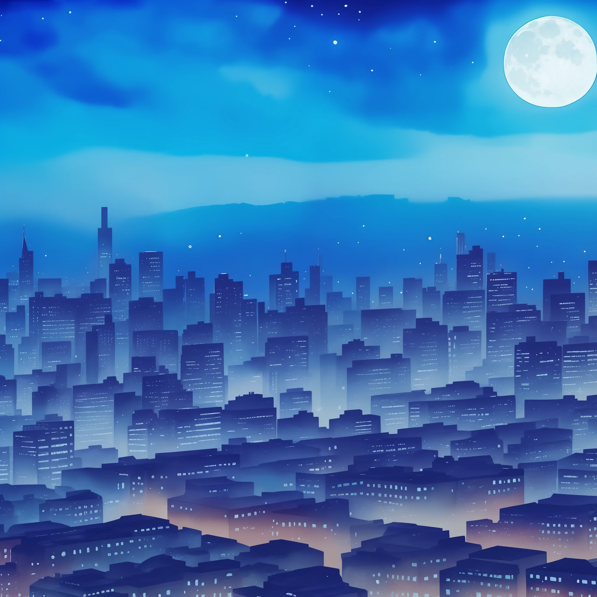 One girl looking at city at night illuminated by fantastic bluish neon lights from the roof of a building, moon, watercolor painting