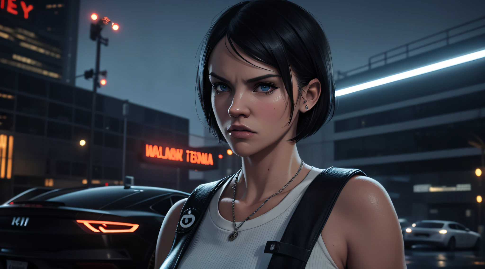 ((gta v style)), ((gta v wallpaper style)), ((gta v artwork)), realistic, photorealistic, cinematic, cinematic lights, dark colors, volumetric lights, reflections, dramatic, ultra detailed, modern, ((masterpiece)), beautiful, sexy woman, solo, blue eyes, short hair, black hair chanel, hair in the wind, light age marks, slim body fitness, angry face, whole body, white regatta, blood on face, giant city, tall buildings, neons, raining, drops, thunder, night, moon in the sky, saturated.