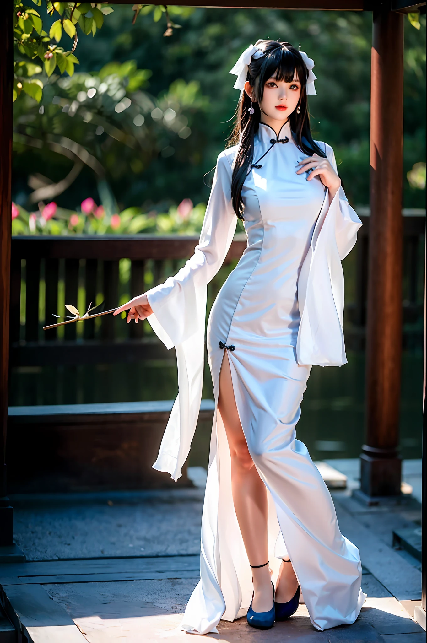 There is a girl in a golden dress, plum blossoms, palaces, oriental architecture ray tracing, {best quality}, { {masterpiece}}, extremely detailed 8K wallpaper, {an extremely delicate and beautiful}, colorful, intricate details, realism, realism, camera quality, (meticulously portrayed clothes), cold white leather, (meticulously portrayed blush), 1080p, sun, soft cute, smooth light silver hair, messy beauty, lighting, broken feeling, bright and silky skin, 3D stereoscopic, masterpiece, best quality, Illustration super fine, beautiful eyes, very delicate light, fine glow, very fine 8K CG wallpaper, peach blossom eyes, red pupils, an extremely delicate beautiful girl, 8k wallpaper, best quality, full body close-up, white long dress, luxurious silky bright red chiffon flood (illusion, glitter, ultra-thin, soft,) Hanfu
