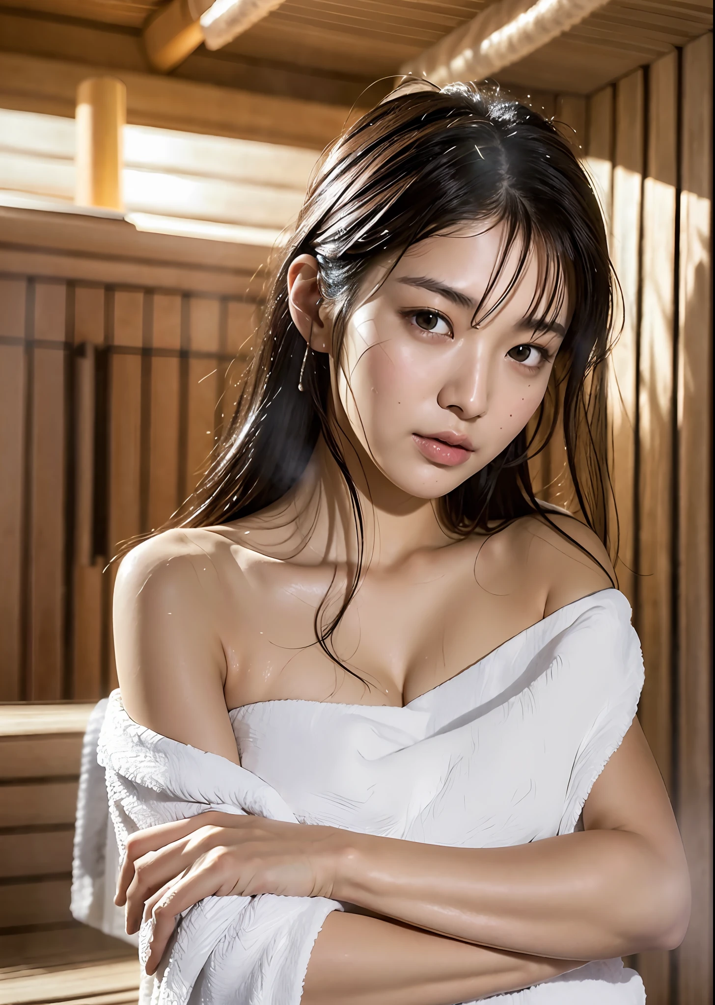 (top quality, 8k, masterpiece: 1.3)), women (full body portrait, towel fabric tube top, shoulder bare, slouched, arms crossed, inside_sauna:1.9), indoor (dark lighting), overhead camera, sharp focus: 1.2, cute woman: 1.4, ((black hair, short cuts, short bangs, wet hair)), highly detailed face and skin and hair texture, Wet body, wet face, detailed eyes, double eyelids, white skin, beautiful delicate nose, cute young Japan woman, 20 years old, with dynamic angles, featuring a calm tone and contrasting mix of light and shadow, while exuding happy emotions, while emphasizing the subject's hair, eyes, mouth and action, it is a pleasing and suggestive composition.