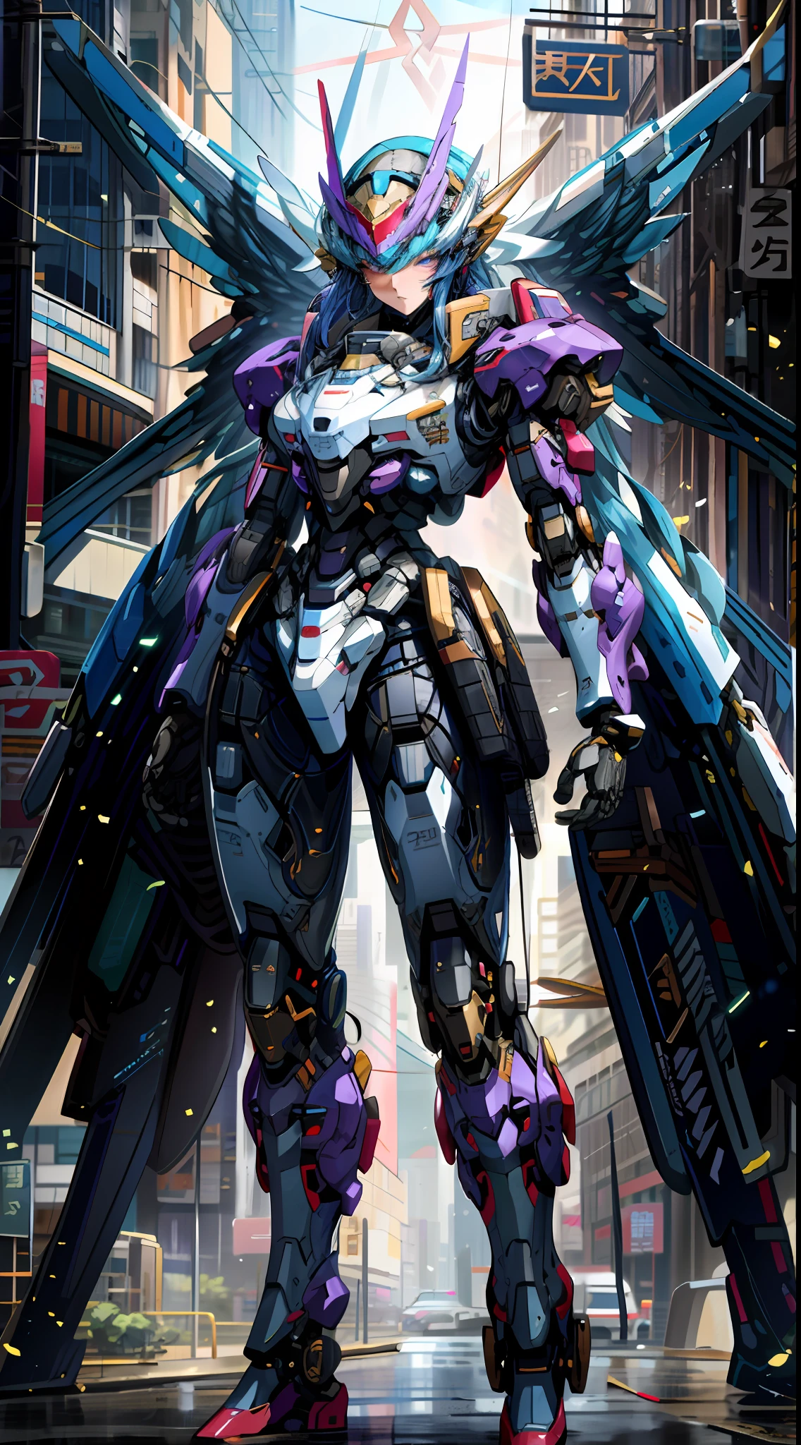 Alafi standing in the city with wings and red helmet, girl in mecha cyber armor, female mecha, anime large mecha robot, mecha set, full body mech set, cyberpunk anime girl mecha, anime robot mixed organic, Unreal Engine render + goddess, mecha wing, mechanized Valkyrie girl, full body metal armor covered, purple