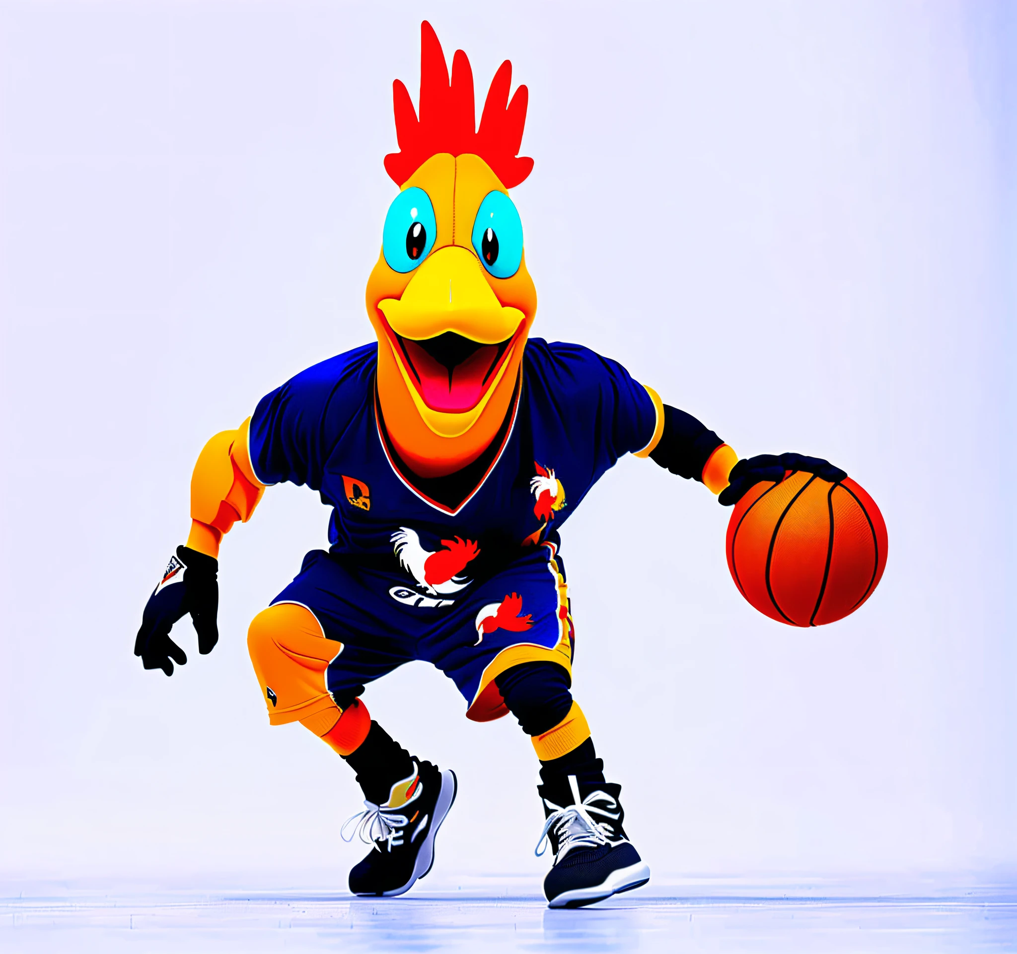 There is a rooster ((anthropomorphic)) playing basketball, he is dancing, trend dribbling