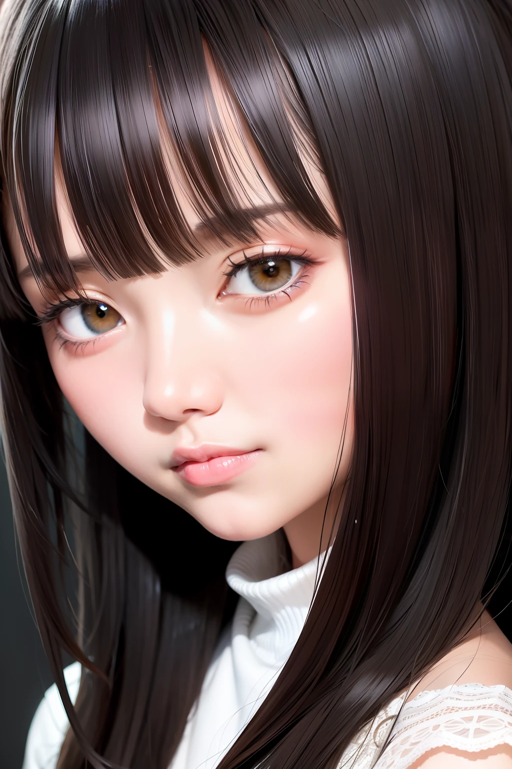 best quality, masterpiece, photo of a girl, beautiful, cute, 50 years old,  black hair, head shot, head close up