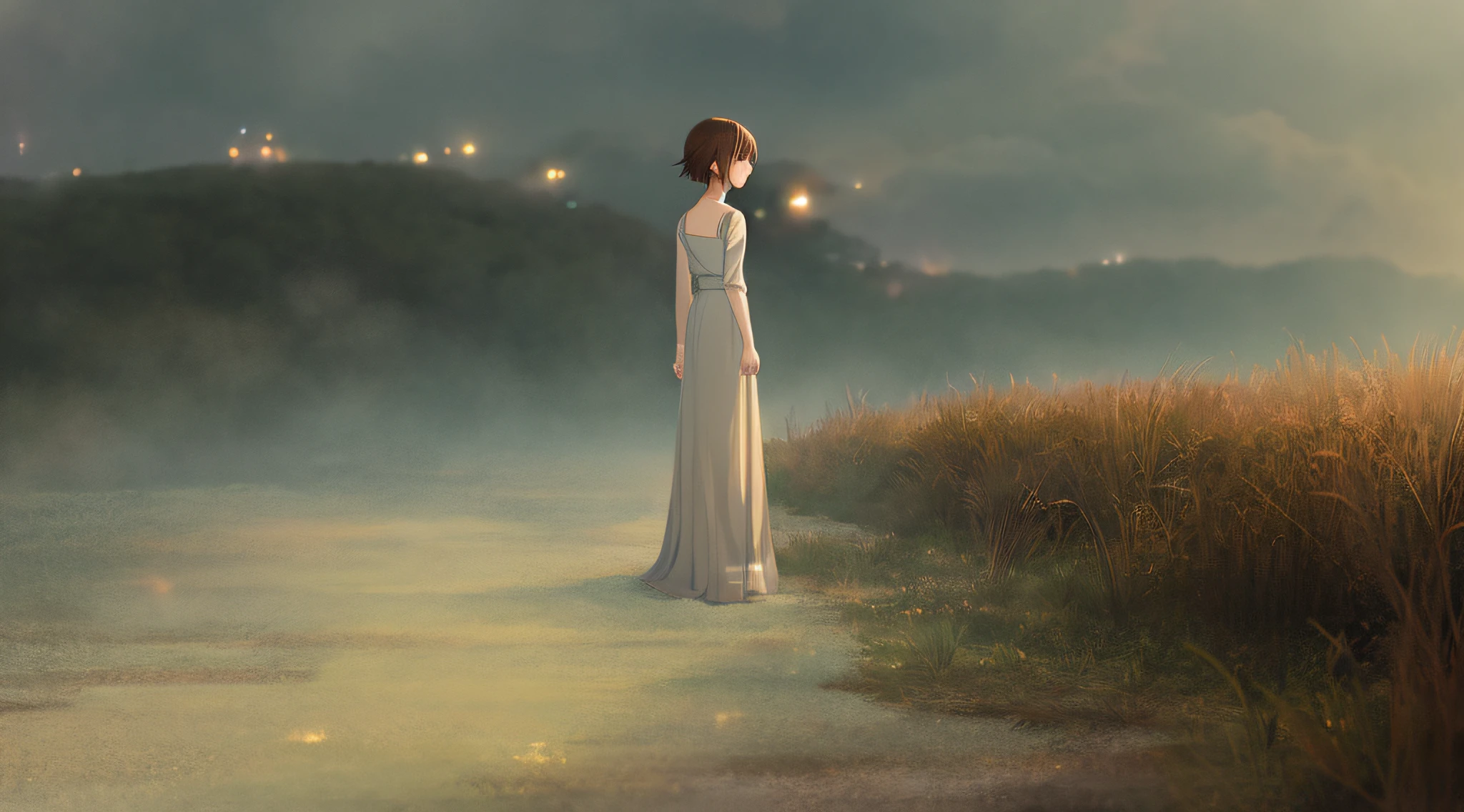 Detailed and perfect anime style illustration, brown short hair, very cute young woman, female focus, solo, wearing a gray long dress. Daydream, dramatic and fantastic foggy mysterious background, background blurred, dramatic lighting Makoto Shinkai