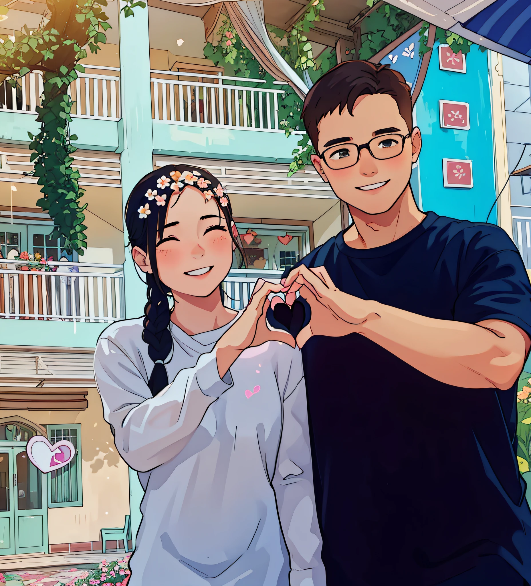 (1girl+1boy), creating a heart shape with their hands, in a romantic atmosphere, with warm colors, gentle lighting, a bokeh effect, a cozy garden filled with flowers and greenery, soft and peaceful ambiance, both smiling.