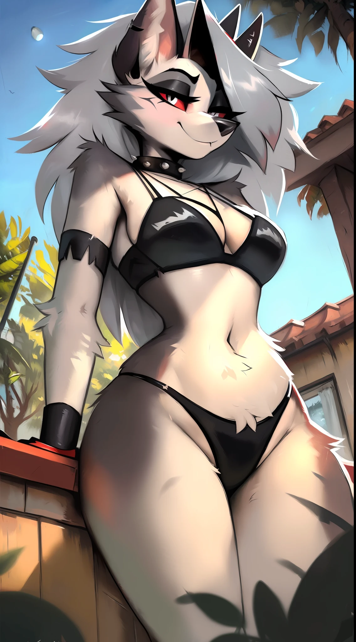 uploaded on e621, (((by Zackary911, by Kenket, by Kilinah, by Zackary911))), solo female (((Loona_(Helluva_Boss)))), wear (((golden wristband and jewelry and golden bikini))), (detailed wolf Loona_(Helluva_Boss) ), (detailed lighting),(detailed fur), (detailed breasts), (detailed skin), BREAK, ((standing at hotel suite outdoor swimming pool with plant on sunny day)), (cinematic lighting), ((detailed background)), ((depth of field)), (half body shadow), ((looking at viewer)), (low-angle view), ((three-quarter view)), [backlighting], [detailed ambient light], [gray natural lighting], [ambient light on the belly], [realistic proportions], [explicit content, adult, nsfw], [sharp focus], (questionable content), (shaded), (hi res), ((masterpiece))