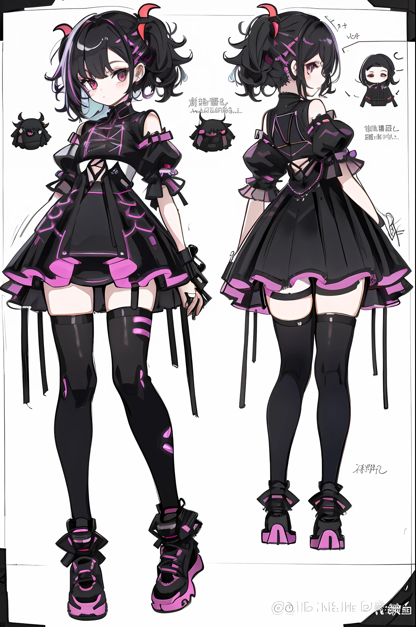 three-view drawing, generate three views, namely the front view, the side view, and the back view, full body,a devil little girl ,chibi, full body, fluorescent translucent fashion trend clothing, wearing big glowing shoes, candy color, cyberpunk style,超高分辨率, 最佳质量, 8K