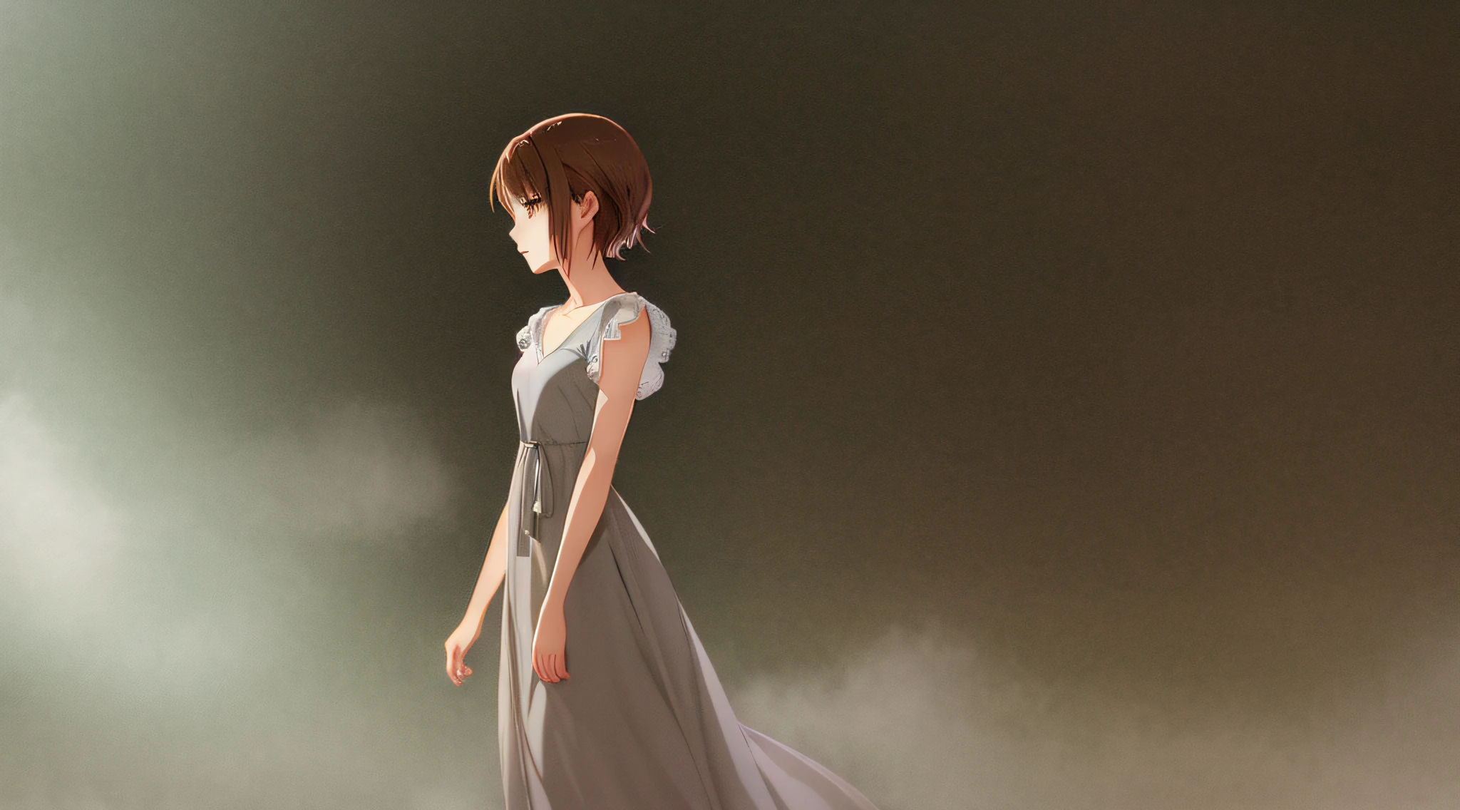Detailed and perfect anime style illustration, brown short hair, very cute young woman, female focus, solo, wearing a gray long dress. Daydream, dramatic and fantastic foggy mysterious background, background blurred, dramatic lighting Makoto Shinkai