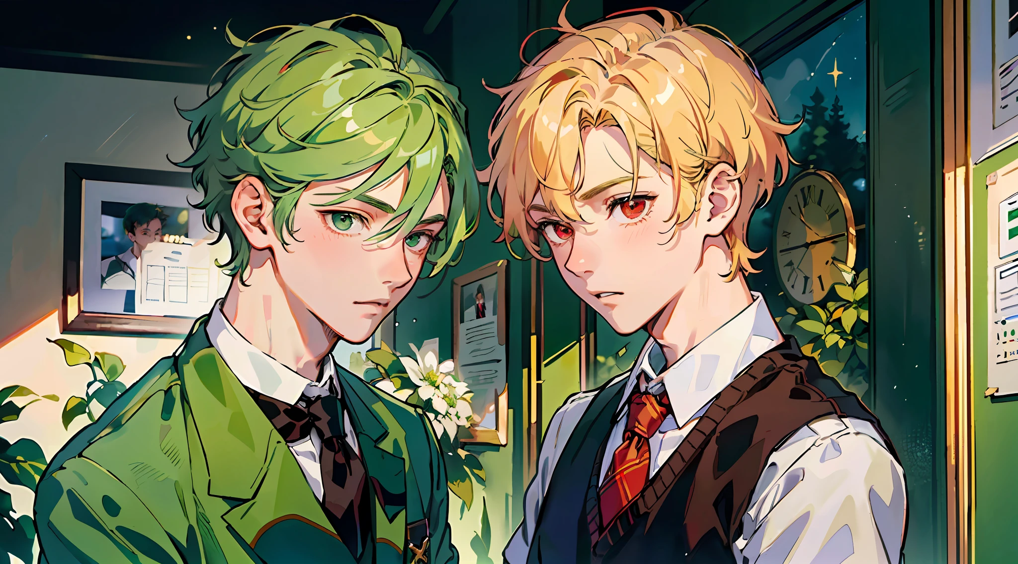 (Masterpiece: 1.4, top quality), two young men facing each other, (cool young man and school uniform with very short blonde hair and red eyes: 1.2), (cute young man and school uniform with green hair and big eyes: 1.2), dynamic pose, blush