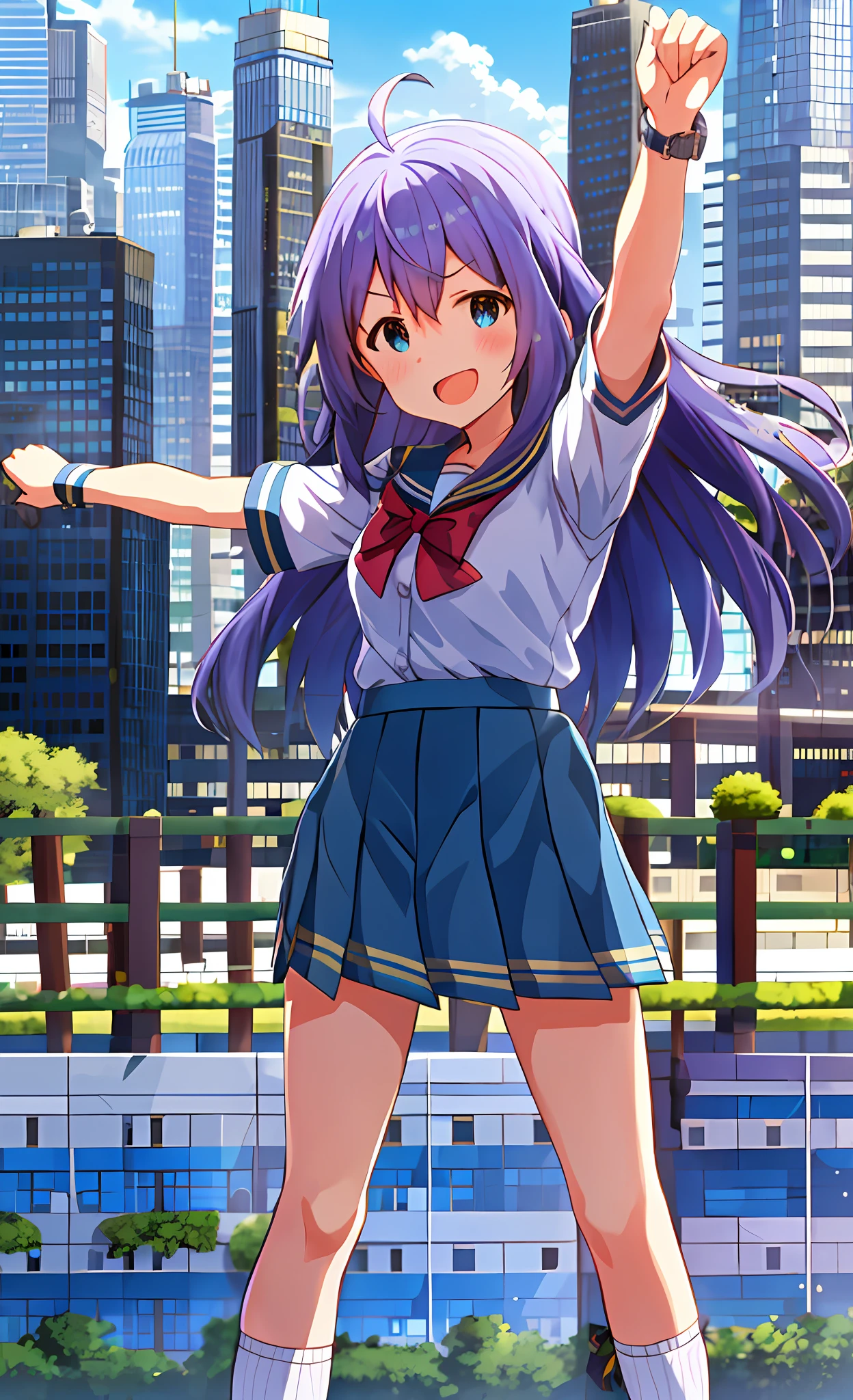 Anna Mochizuki (Million Live), Shiny Trinity \ (Costume), (Best Quality, 8K, Masterpiece, Super Detail: 1.2), Sea, Sun, Mottled Sunlight, Blue Sky, Beautiful Clouds, 1 Girl, Solo, Skirt, Smile, Open Mouth, V, Watch Viewer, White Sailor Color, Blue Shirt, Sailor Color, Blue Skirt, Pleated Skirt, Short Sleeve, :d, Shirt, School Uniform, Blush, Serafuk, Clavicle, bow, ribbon, blue bow. (((Outside))). (((fighting stance))).,((((Giantization))).dynamic focus.small breasts. (((skyscrapers))). (((Cityscape))). (((Face of sadness))). Open mouth. Spread your arms.