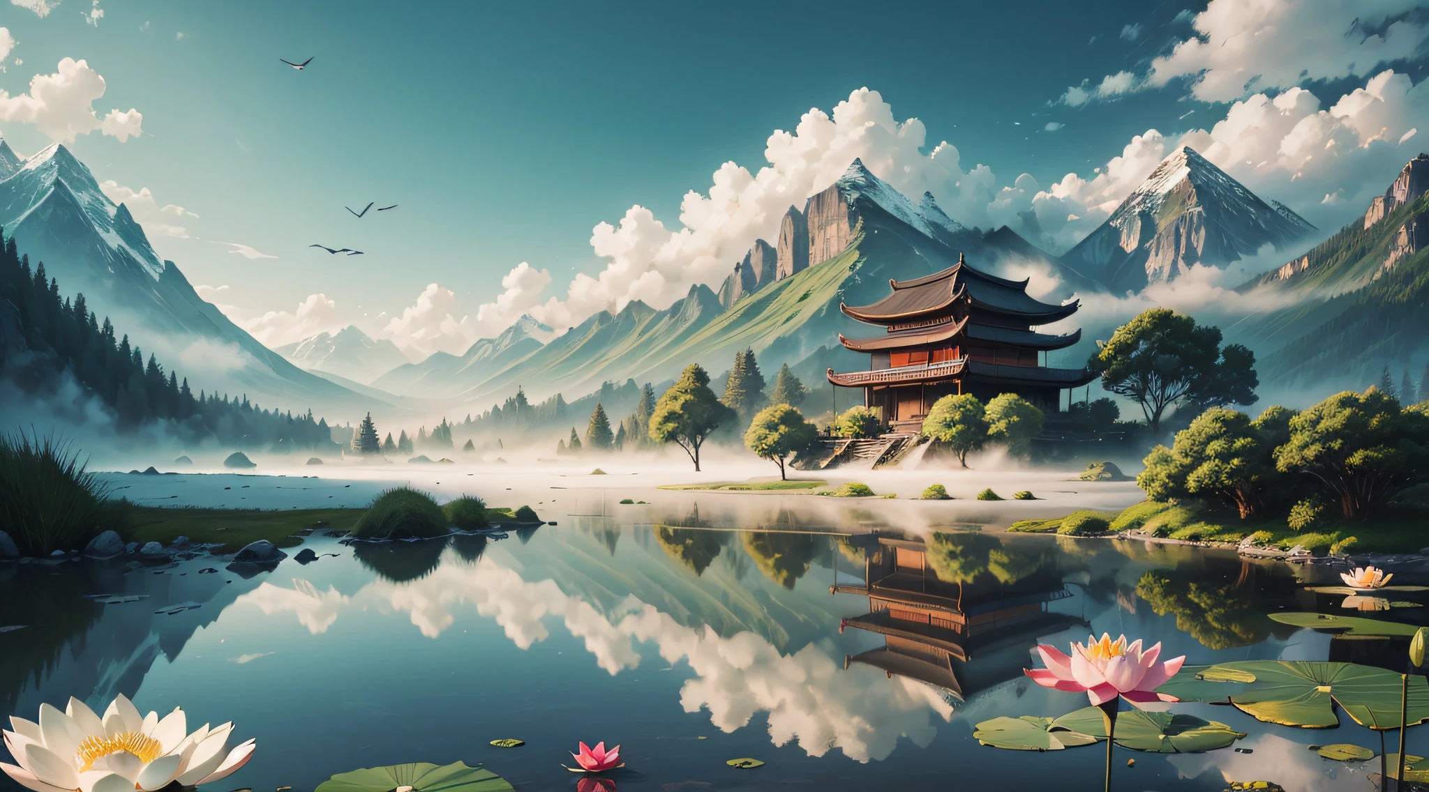 High definition, high-quality landscape painting style, a distant mountain, a lot of birds soaring freely (x1.4), a blue lake, blooming lotus flowers covering the lake, a leafy bamboo forest, an idyllic pavilion, surrounded by a light mist scene, light and shadow interlaced fog, low saturation, moderate picture contrast, deep and vast field of vision, bright picture, landscape photography, ink painting.