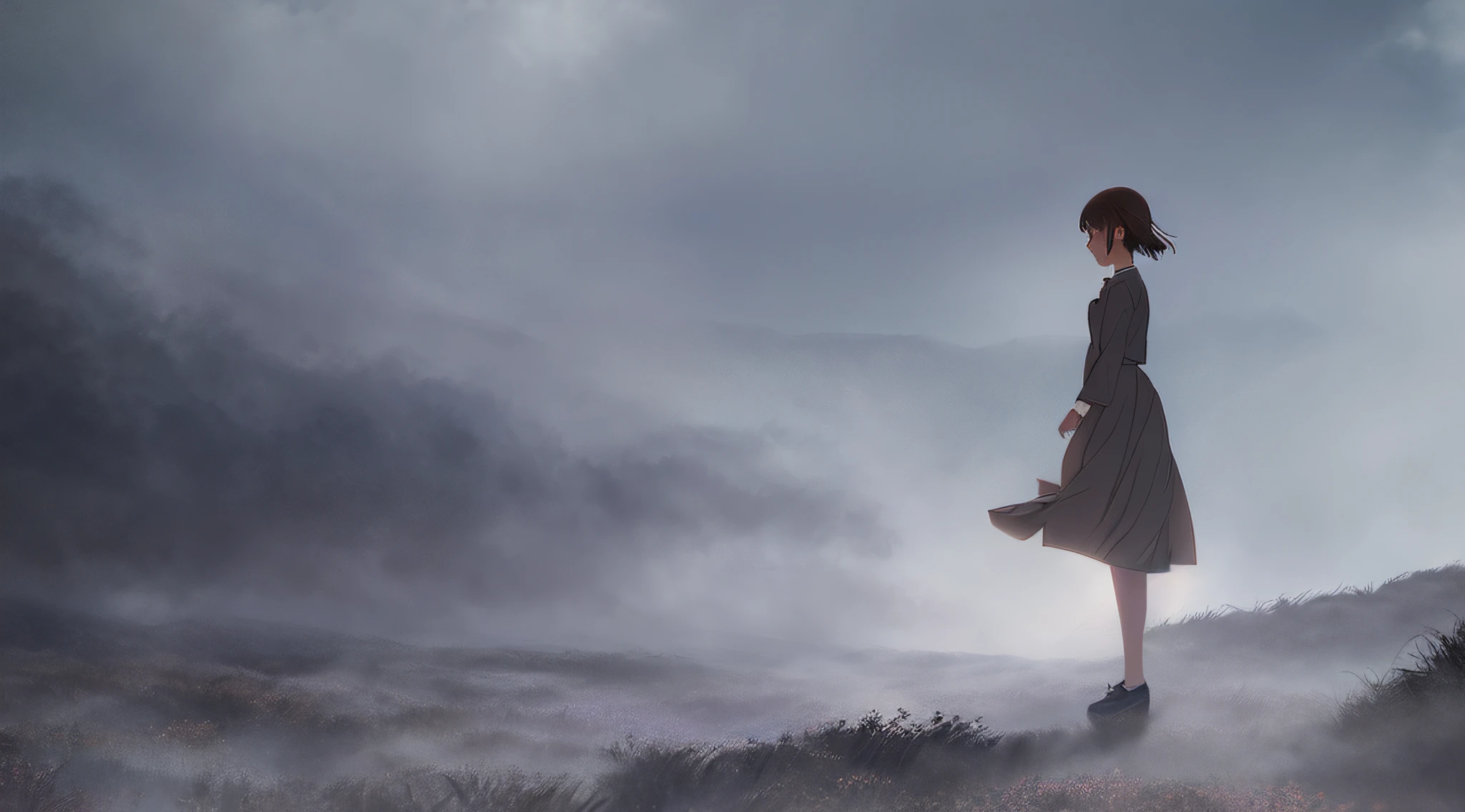 Detailed and perfect anime style illustration, brown short hair, very cute young woman, female focus, solo, wearing a gray long dress. Daydream, dramatic and fantastic foggy mysterious background, background blurred, dramatic lighting Makoto Shinkai