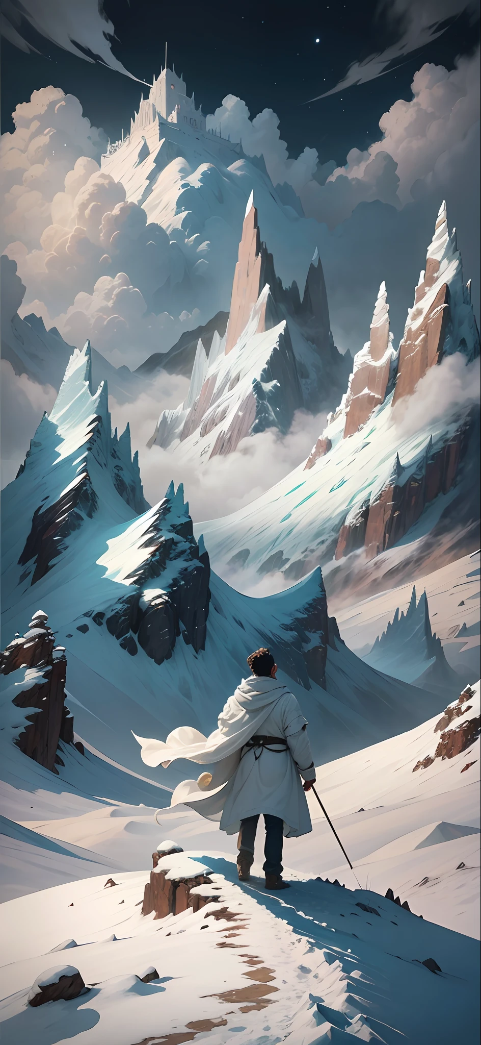 huge fearful object , on a snowy mountain , noble landscape , artistic landscape , boy in clouds wearing white robe , fighting golden dragon , heaven , hell , silver dragon , secret , beautiful , magnificent , brilliant , strong size contrast , epic , film , Chinese silver dragon , Wu Guanzhong , Zhang Kechun , snowy mountain , huge silver dragon --auto --s2