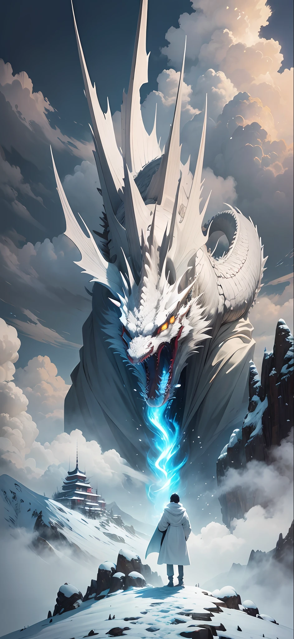 huge fearful object , on a snowy mountain , noble landscape , artistic landscape , boy in clouds wearing white robe , fighting golden dragon , heaven , hell , silver dragon , secret , beautiful , magnificent , brilliant , strong size contrast , epic , film , Chinese silver dragon , Wu Guanzhong , Zhang Kechun , snowy mountain , huge silver dragon --auto --s2