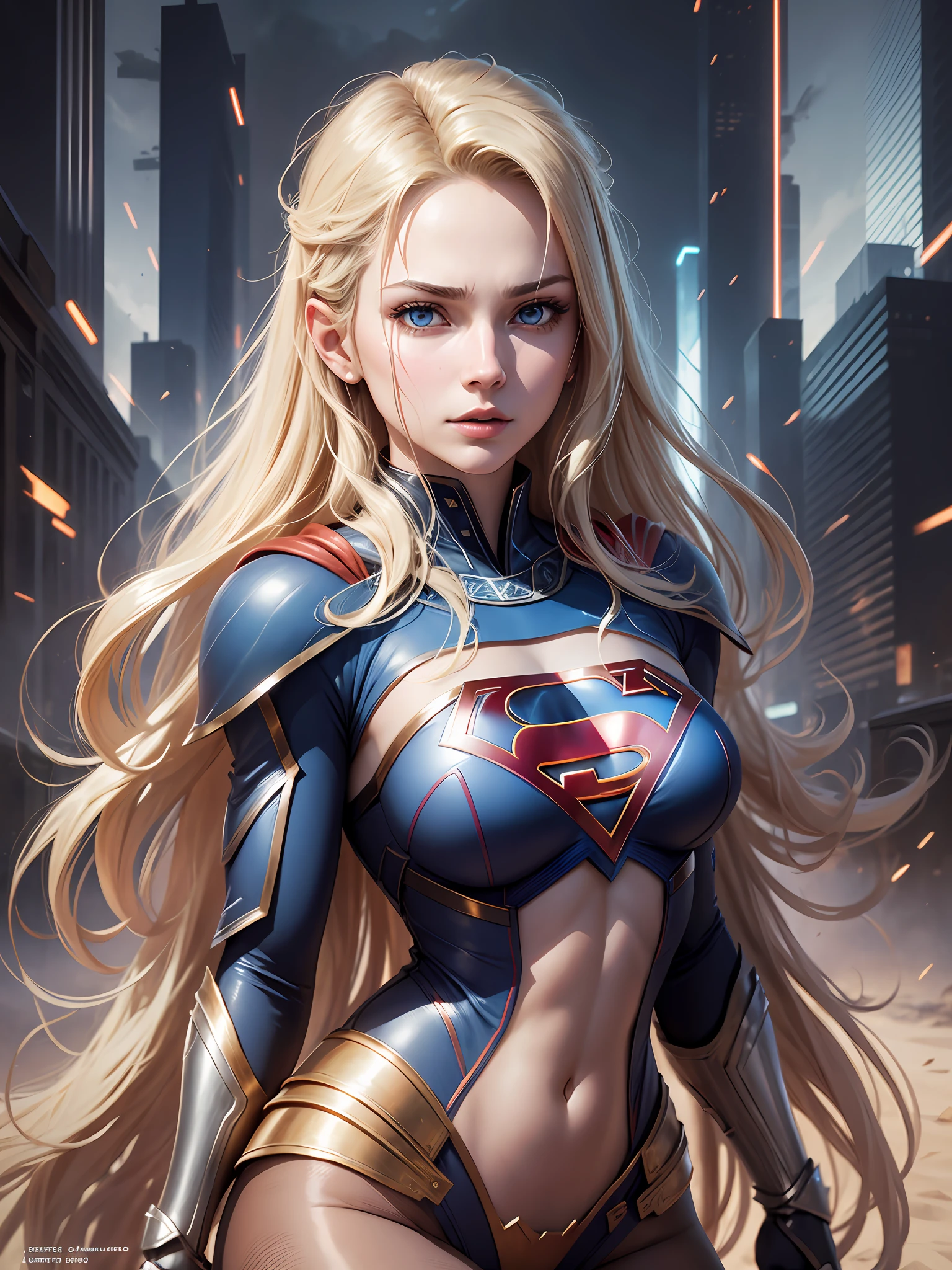 supergirl, best quality, movie, official art, sand, nature advertising art, movie wallpaper, very detailed cg uniform,4k wallpaper, intricate details, white background, upper body, facial focus, full body, full,sexy,concept art, making art, high resolution, (realistic, realistic: 1.2), physically based rendering, mechanics, reflections, realism, cyberpunk, symmetry, front view, close up, avatar ,eyes ,symmetry ,face, very sharp ,realistic ,focus , Grant Mask Painting, Movie Light, Wick, (Illustration: 1.1), Thin, Fair Skin, Delicate Face, King's Robe, Glow, Pantyhose, (Long Blonde Hair), Blue Eyes, Ultra Southern Symbol Chest S, Battlefield, Chip, Glow, Sword
