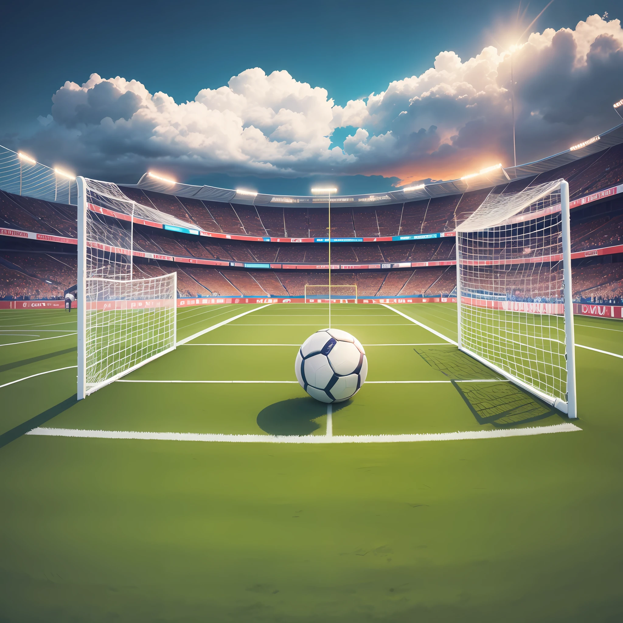 Football field, in front of football goal, a football on the side of the goal, crowd cheering behind the goal, detailed scene, super detailed scene, magical scene, football, sports game, game illustration, random background scene, in the World Cup, sports, cheering scene, sports setting --auto --s2