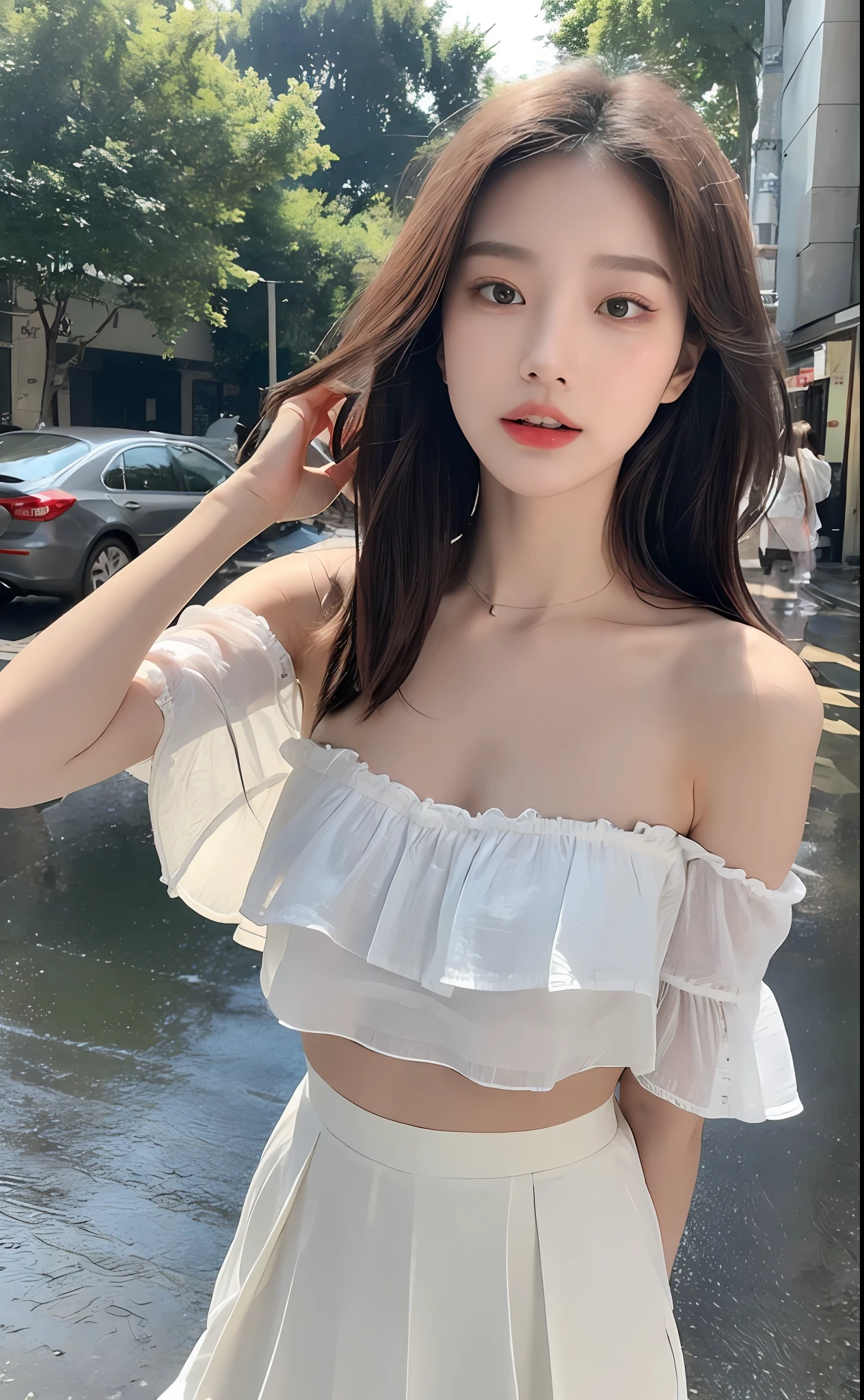 ((Best Quality, 8k, Masterpiece: 1.3)), Focus: 1.2, Perfect Body Beauty: 1.4, Buttocks: 1.2, ((Layered Haircut)), (Wet Clothes: 1.1) , (Rain, Street:1.3), Slip Floral Dress, (Skirt: 1.2), Lazy Style, Highly Detailed Face and Skin Texture, Delicate Eyes, Double Eyelids, Whitened Skin, Long Hair, (Shut Up: 1.3), Bare Shoulders