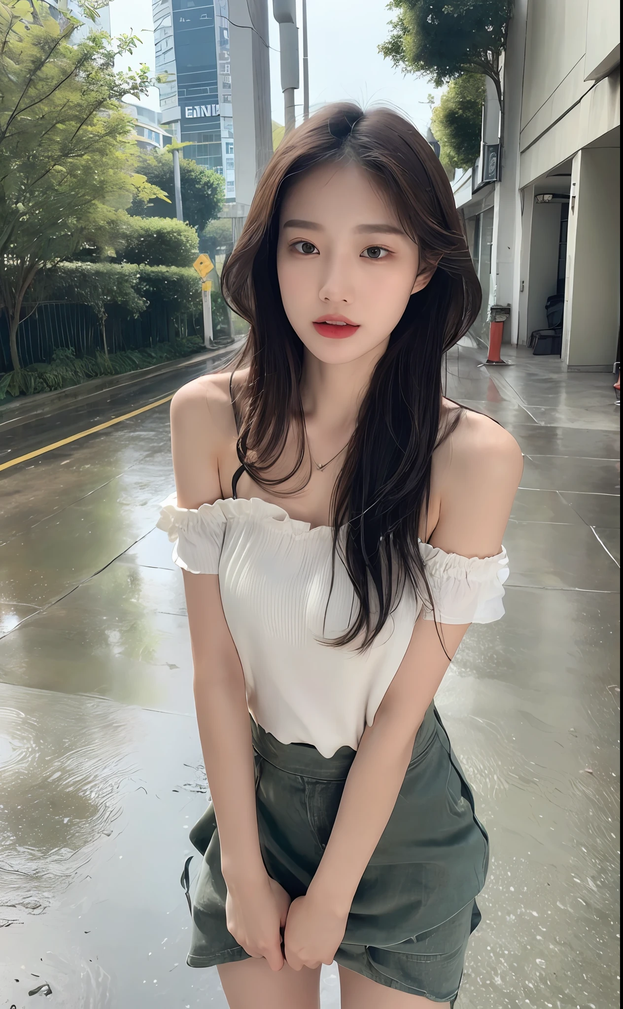 ((Best Quality, 8k, Masterpiece: 1.3)), Focus: 1.2, Perfect Body Beauty: 1.4, Buttocks: 1.2, ((Layered Haircut)), (Wet Clothes: 1.1) , (Rain, Street:1.3), Slip Floral Dress, (Skirt: 1.2), Lazy Style, Highly Detailed Face and Skin Texture, Delicate Eyes, Double Eyelids, Whitened Skin, Long Hair, (Shut Up: 1.3), Bare Shoulders