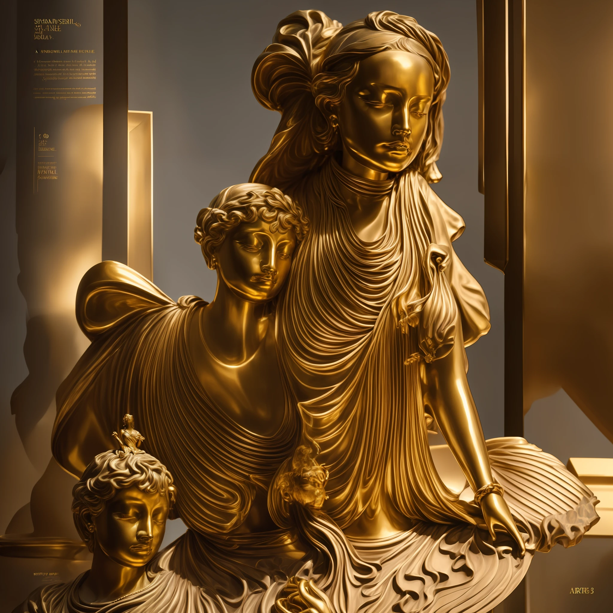 album cover: a woman ((maid)) cleaning a golden ((the only thing shadowed in the screen)) sculpture, masterpiece, brushwork, award-winning photorealism, trending on artstation, hyper detailed, award-winning album cover, insane details --v 5