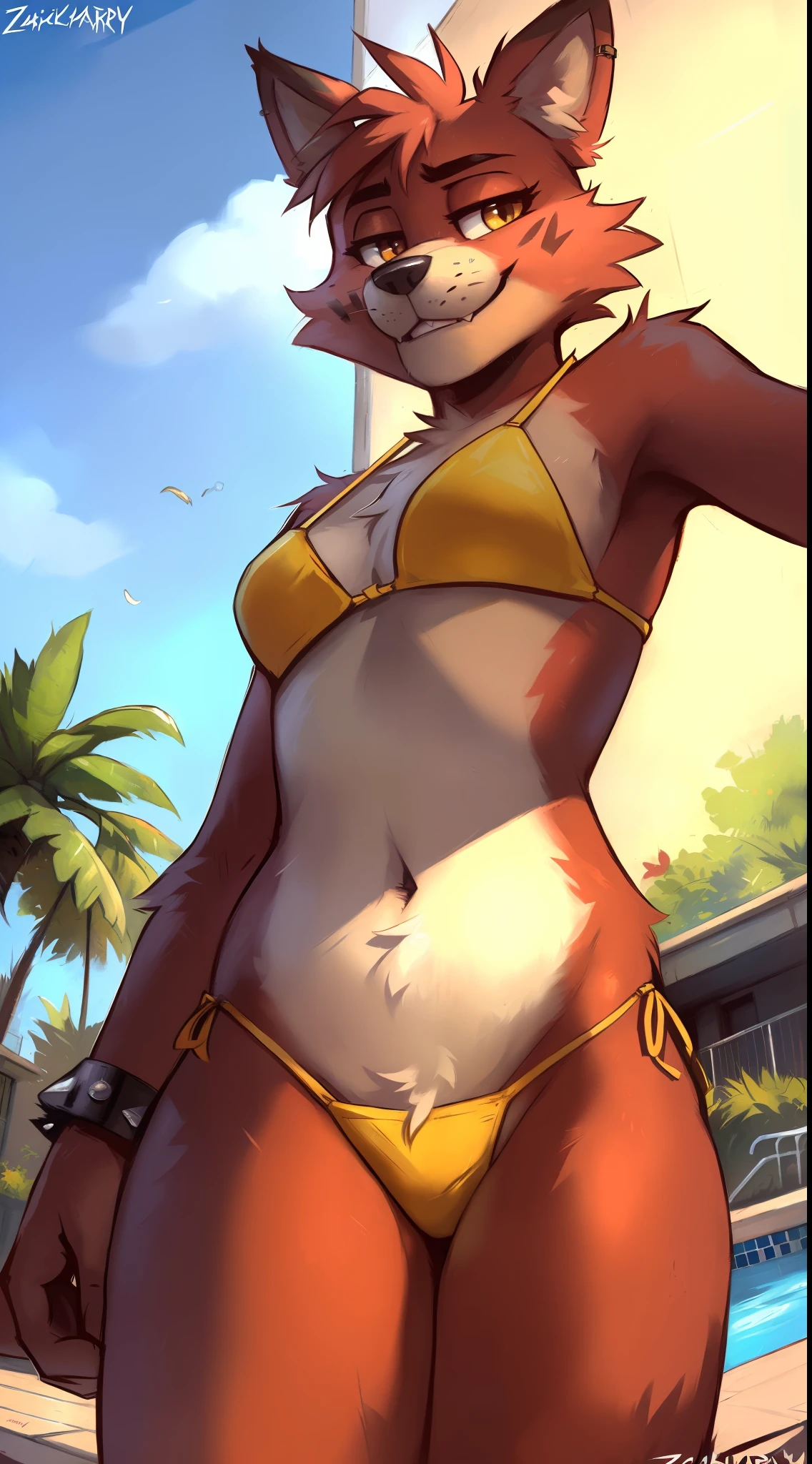uploaded on e621, (((by Zackary911, by Kenket, by Kilinah, by Zackary911))), solo female (((Foxy_(fnaf)))), wear (((golden wristband and jewelry and golden bikini))), (detailed wolf Foxy_(fnaf)), (detailed lighting),(detailed fur), (detailed breasts), (detailed skin), BREAK, ((standing at hotel suite outdoor swimming pool with plant on sunny day)), (cinematic lighting), ((detailed background)), ((depth of field)), (half body shadow), ((looking at viewer)), (low-angle view), ((three-quarter view)), [backlighting], [detailed ambient light], [gray natural lighting], [ambient light on the belly], [realistic proportions], [explicit content, adult, nsfw], [sharp focus], (questionable content), (shaded), (hi res), ((masterpiece))