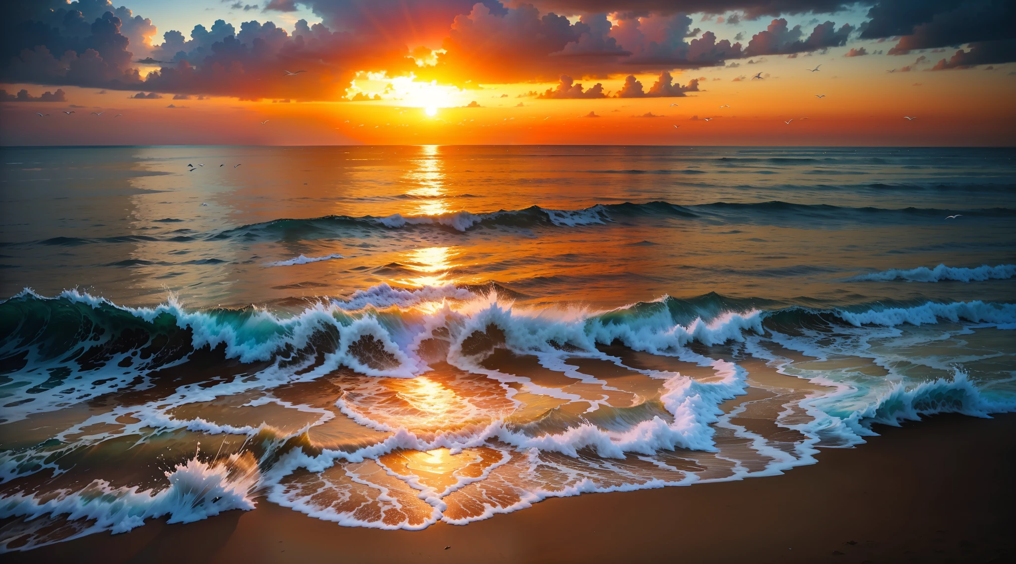 An absolutely mesmerizing DAYLIGHT over the beach, with a blend of CRYSTAL BLUE filling the sky. Crystal-clear waters of the sea gently kissing the shore, with WHITE sandy white beach stretching far and wide. The scene is dynamic and breathtaking, with seagulls soaring high in the sky and gently swaying palm trees. Take in the calming atmosphere and let the peacefulness wash over you.