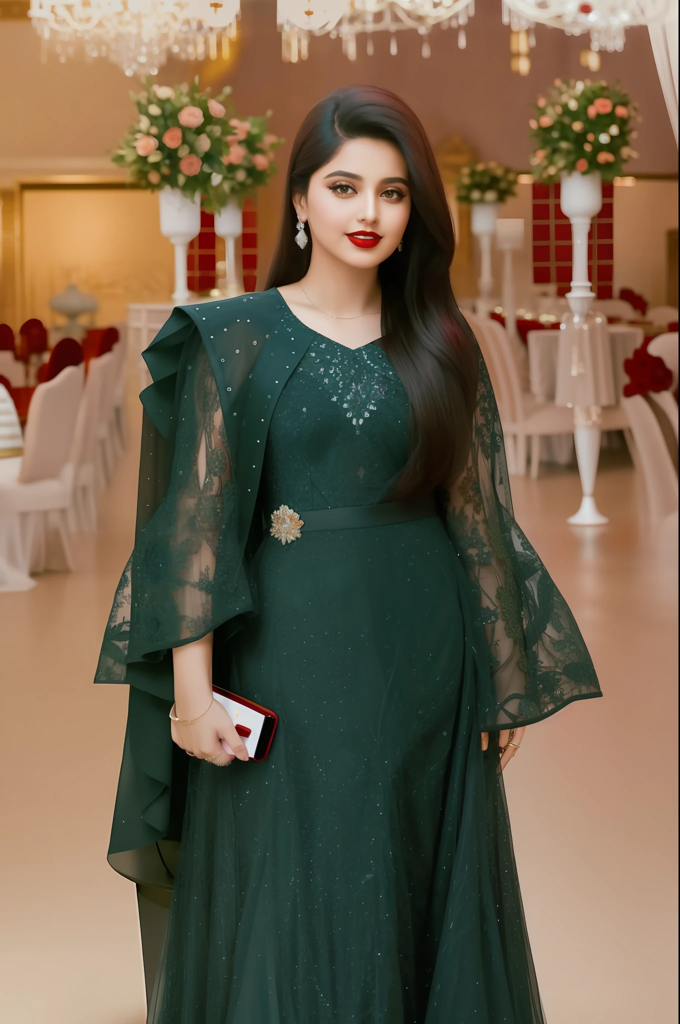 araffe woman in red dress standing in a room with tables and chairs, inspired by Ambreen Butt, dark red, half body red dress, an elegant red, ornate dark red clothing, red dress, dark red dress, wearing red, wearing organza gown, gown, modest flowing gown, wearing short gown, kyza saleem, half covered dress