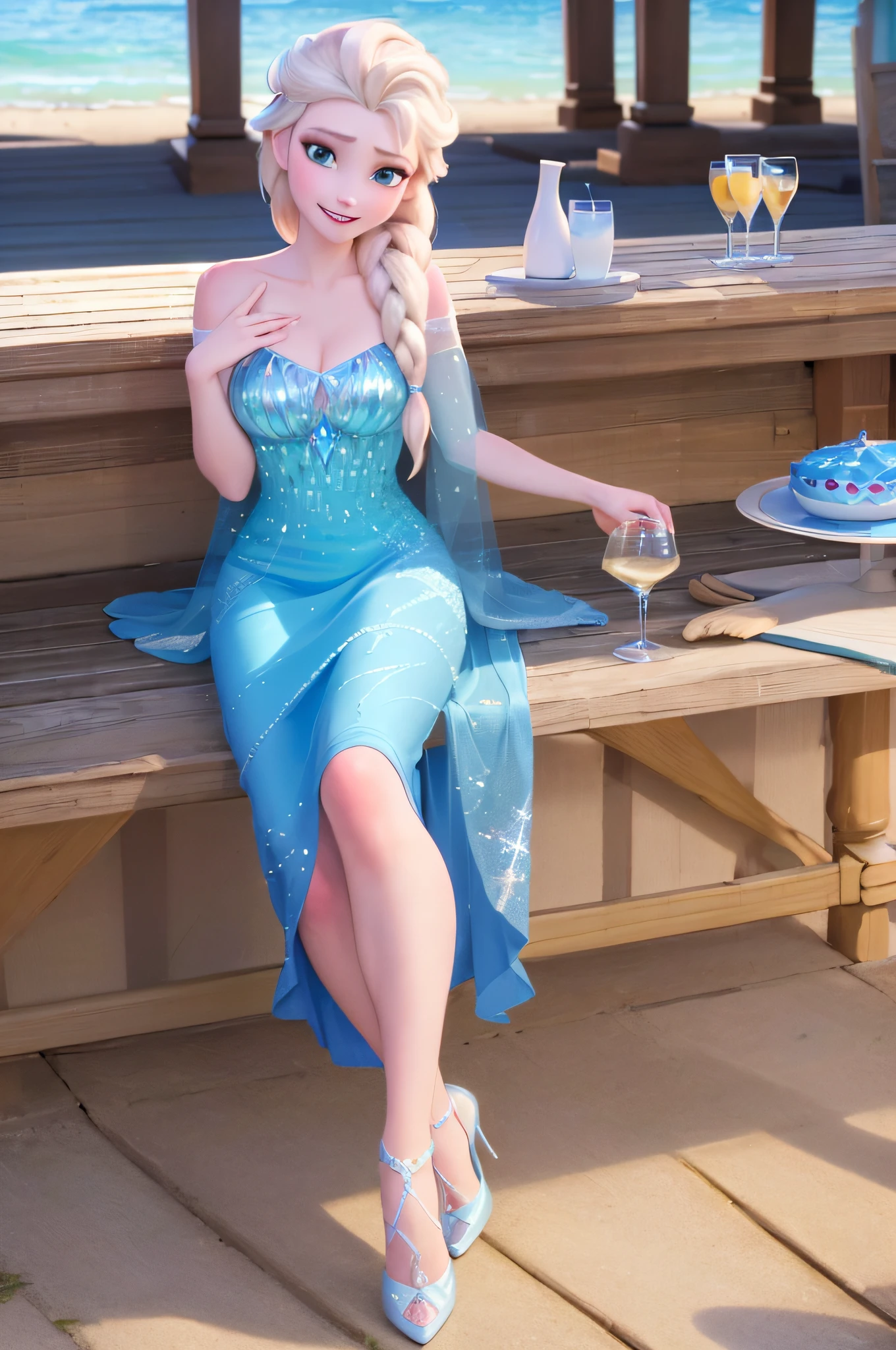 (masterpiece:1.4), (best qualit:1.4), (high resolution:1.4), elsa of arendelle, smile, single braid, beach, bikini, chevage, looking at viewer, stiletto high heels, sitting on chair, hand on chin