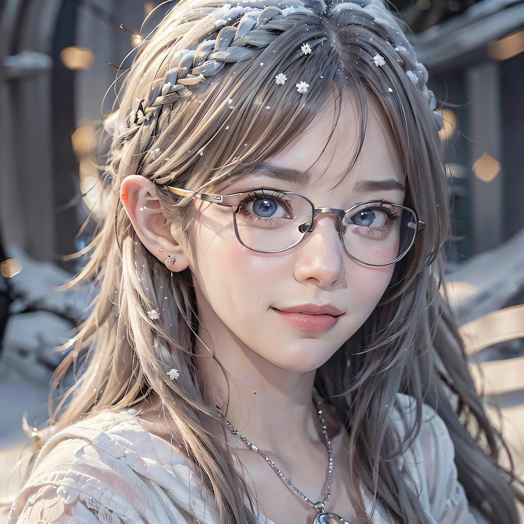 a snow elf girl, with snowy background, (snow-color hair), (8k, extremely detailed, flawless world, highest quality, masterpiece),(extremely detailed face, eyes, ears, nose, lips),(light smile),(wearing glasses)