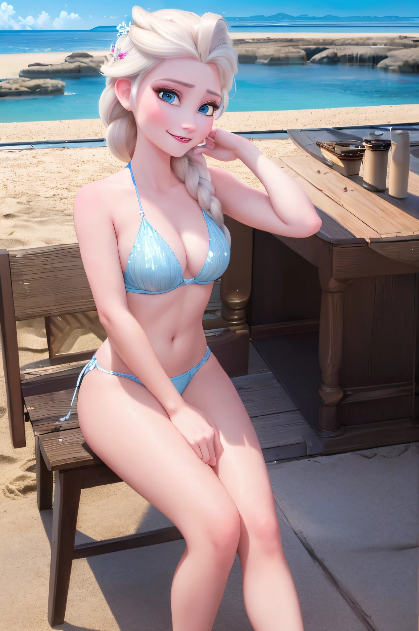 (masterpiece:1.4), (best qualit:1.4), (high resolution:1.4), elsa of arendelle, smile, single braid, beach, bikini, chevage, looking at viewer, stiletto high heels, sitting on chair, hand on chin